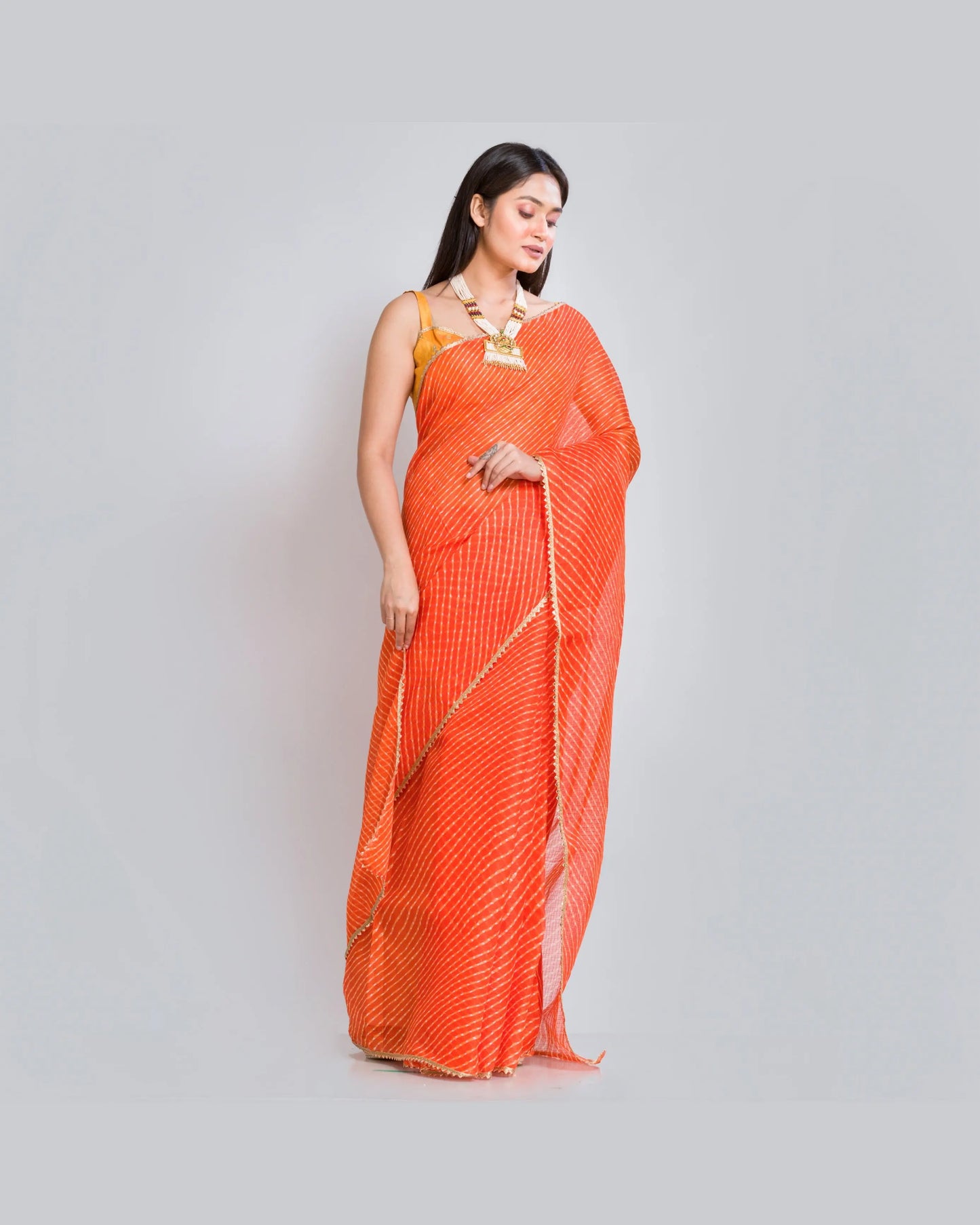 Orange Kota Silk Leheriya Saree - kreationbykj