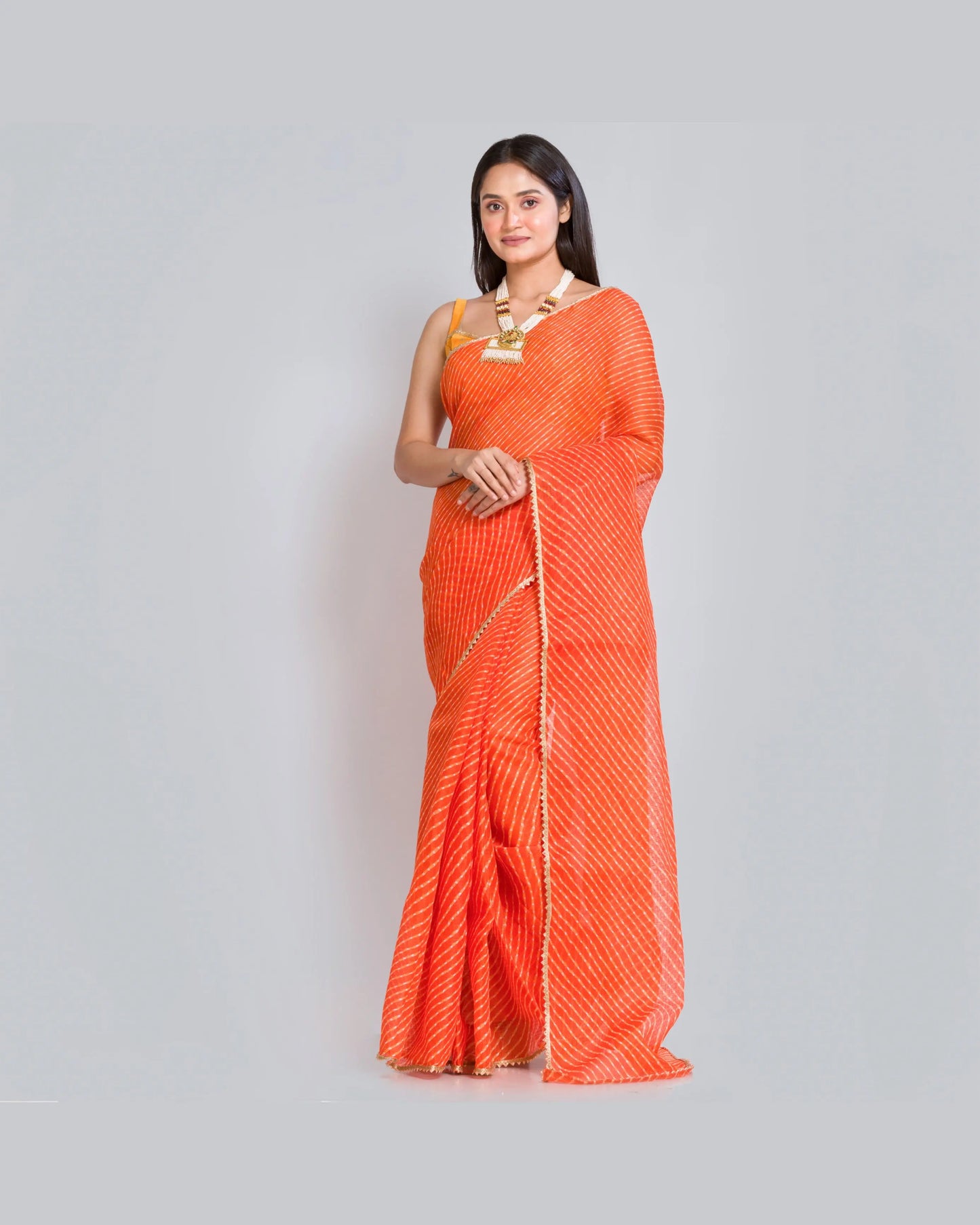 Orange Kota Silk Leheriya Saree - kreationbykj