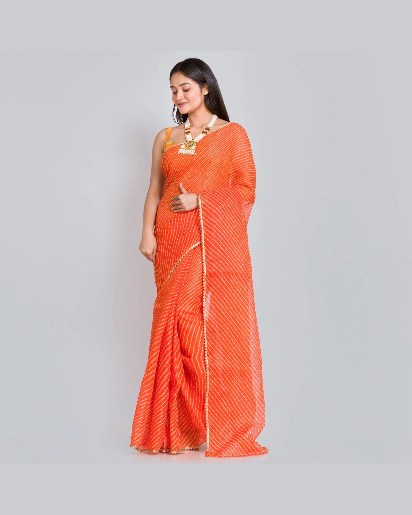 Orange Kota Silk Leheriya Saree - kreationbykj