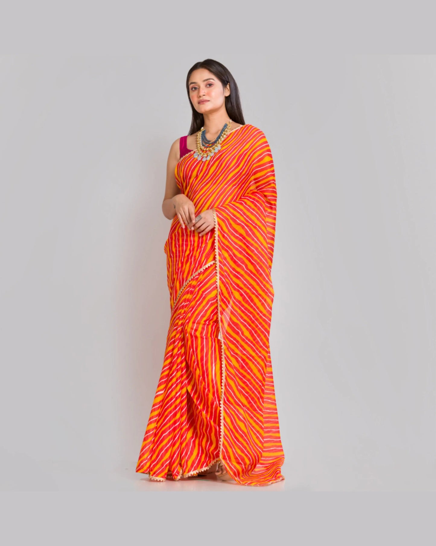 Yellow And Orange Kota Silk Leheriya Saree - kreationbykj