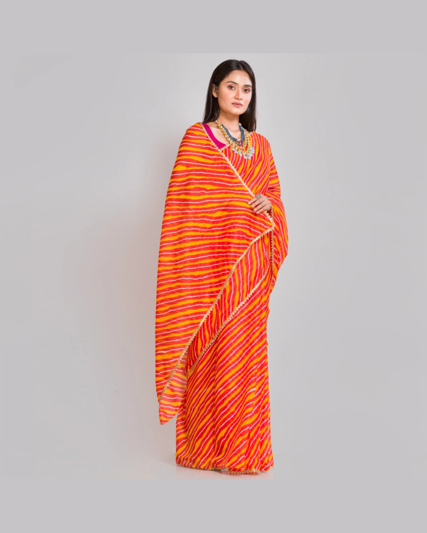 Yellow And Orange Kota Silk Leheriya Saree - kreationbykj