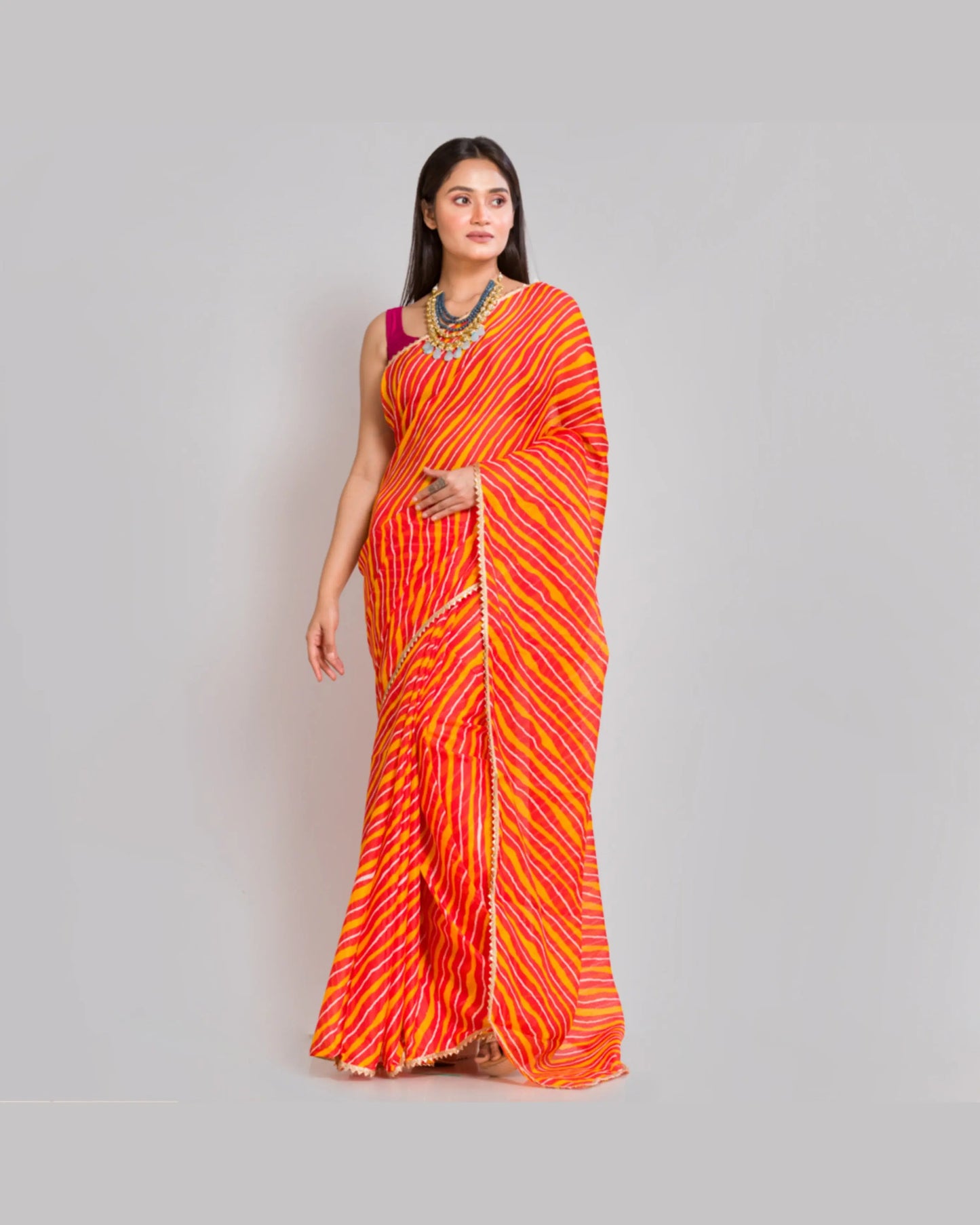 Yellow And Orange Kota Silk Leheriya Saree - kreationbykj
