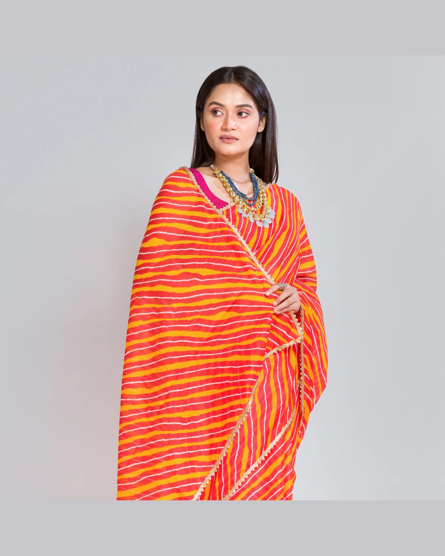 Yellow And Orange Kota Silk Leheriya Saree - kreationbykj