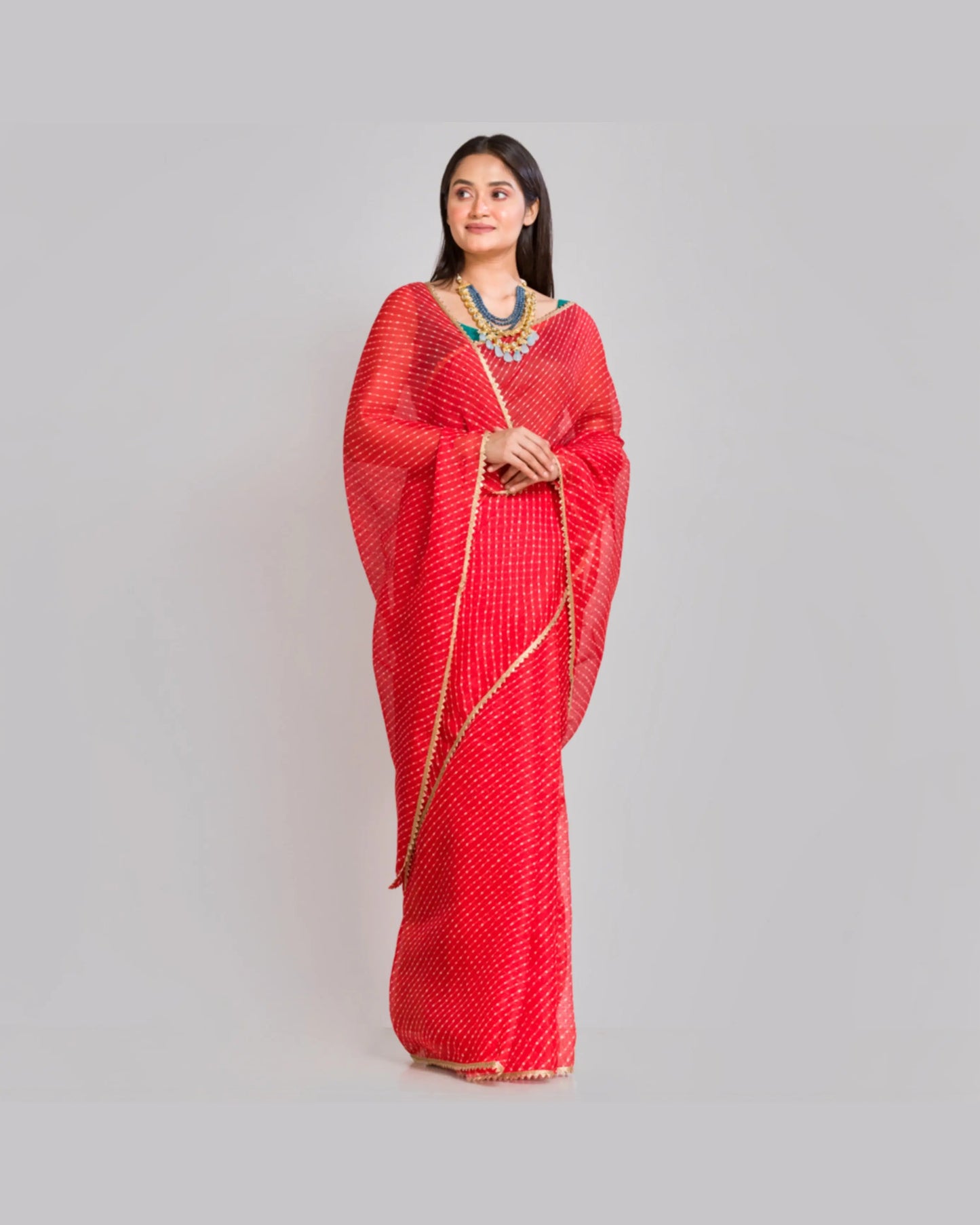 Red Kota Silk Leheriya Saree - kreationbykj