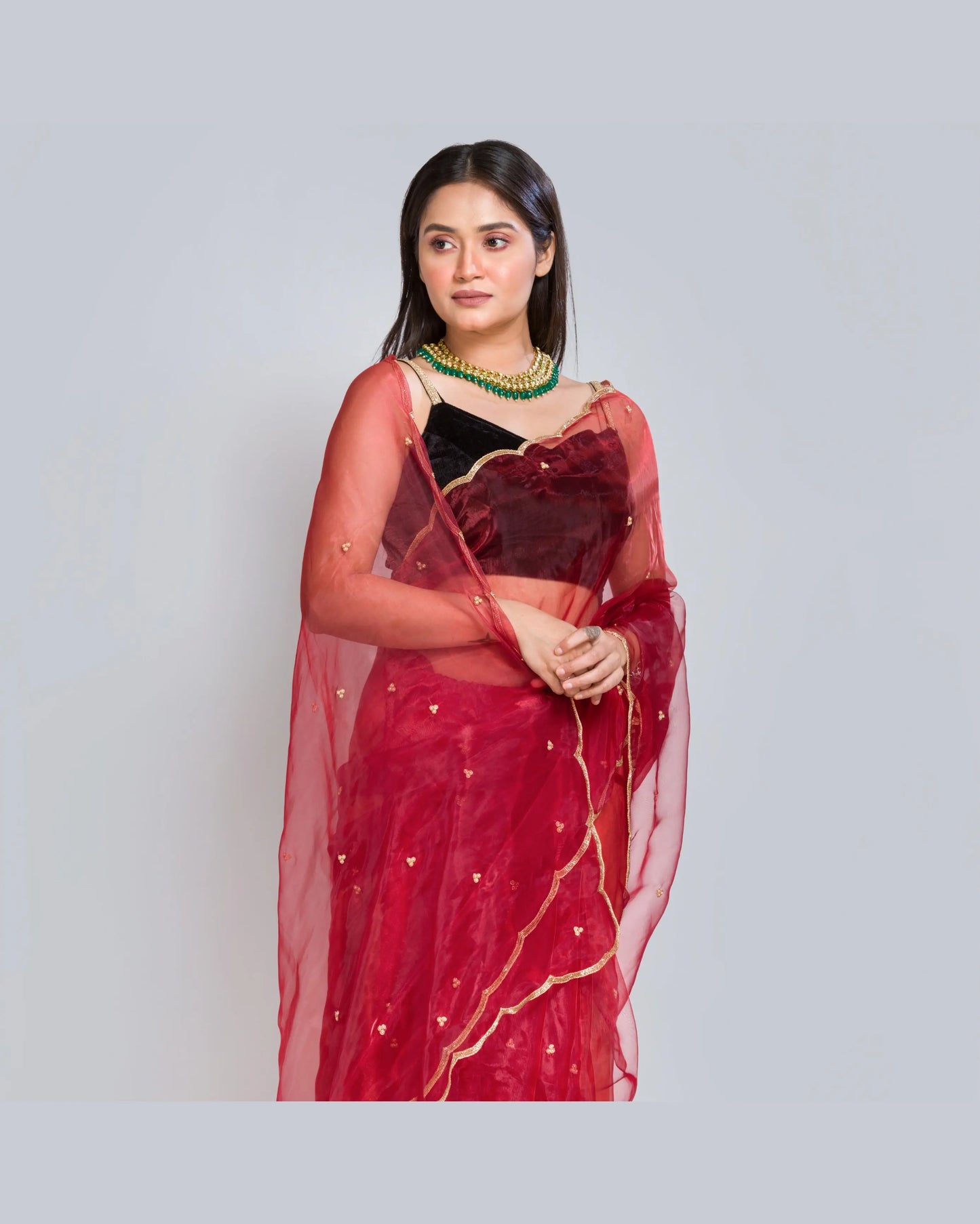 Red Glass Tissue Saree with Handembroidered Scalloping - kreationbykj