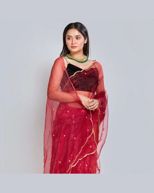 Red Glass Tissue Saree with Handembroidered Scalloping - kreationbykj