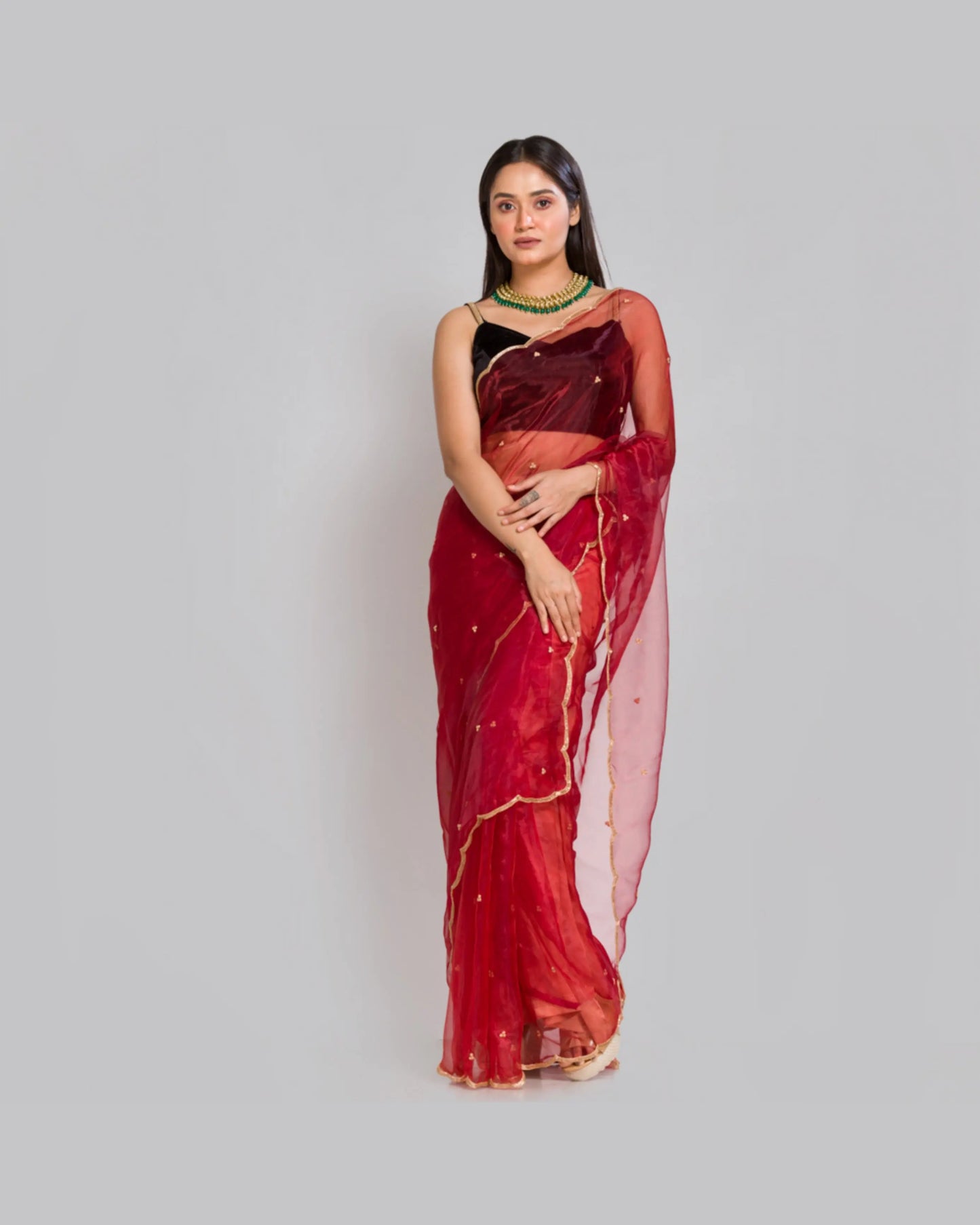 Red Glass Tissue Saree with Handembroidered Scalloping - kreationbykj
