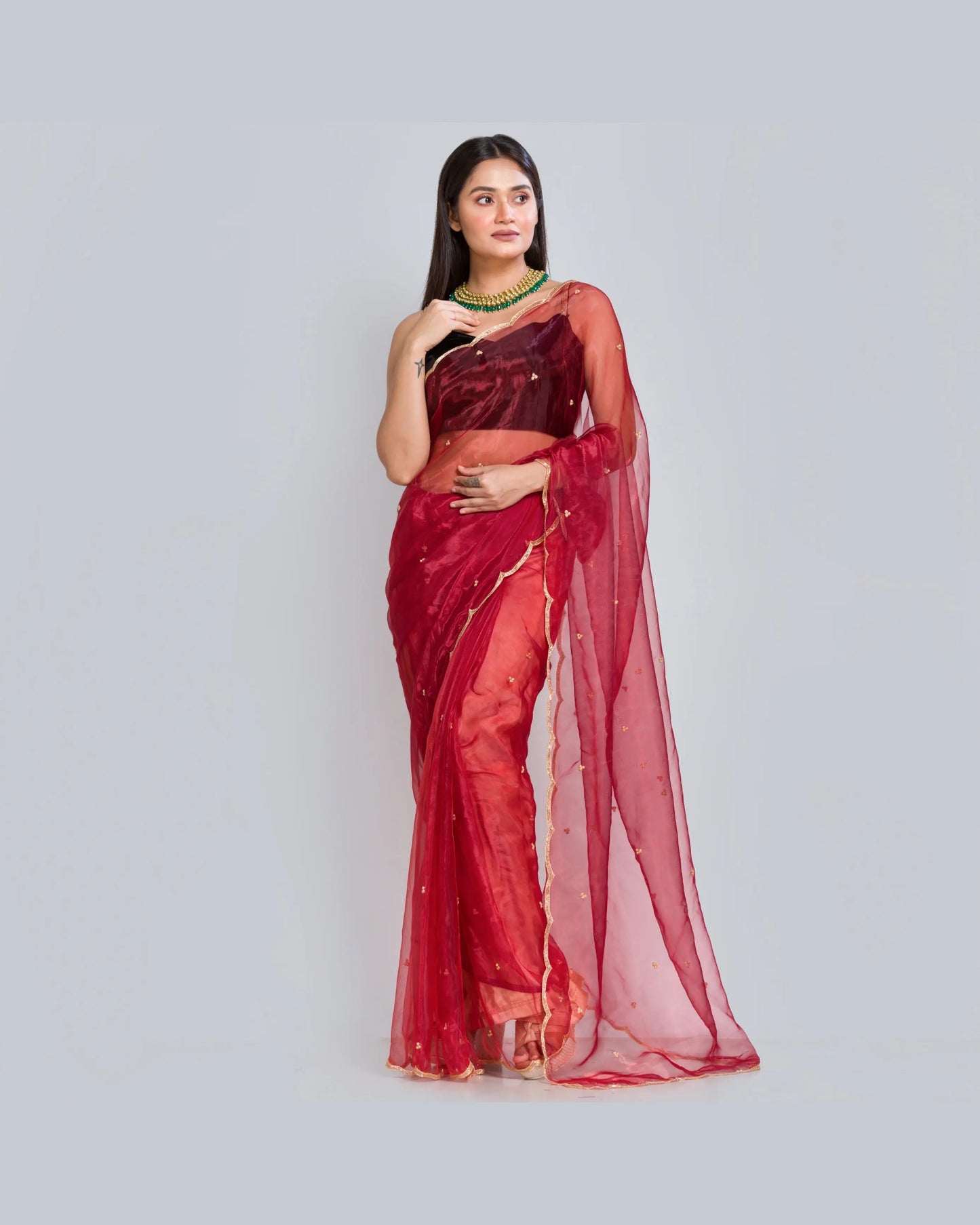 Red Glass Tissue Saree with Handembroidered Scalloping - kreationbykj