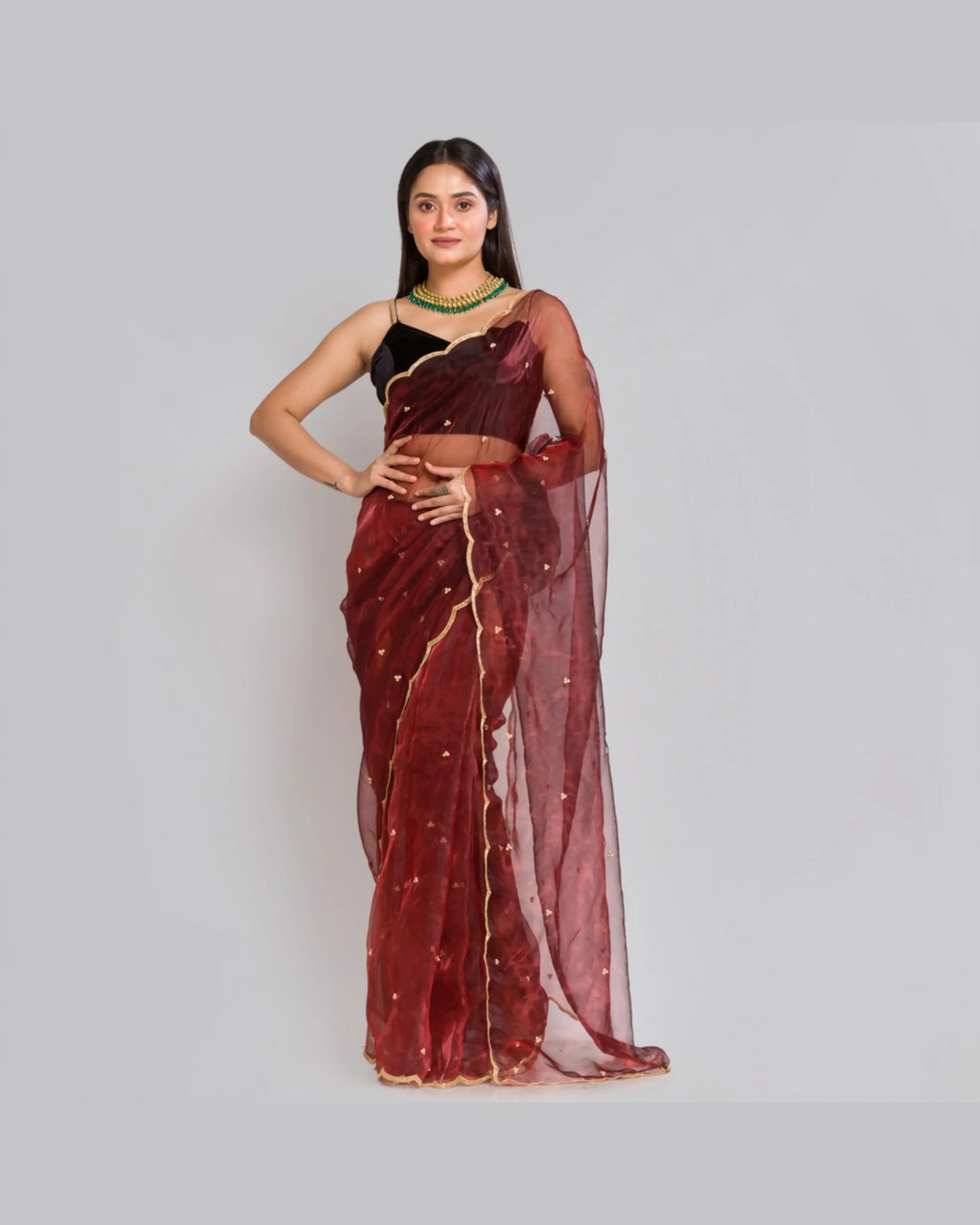 Maroon glass tissue saree with Handembroidered scalloping - kreationbykj