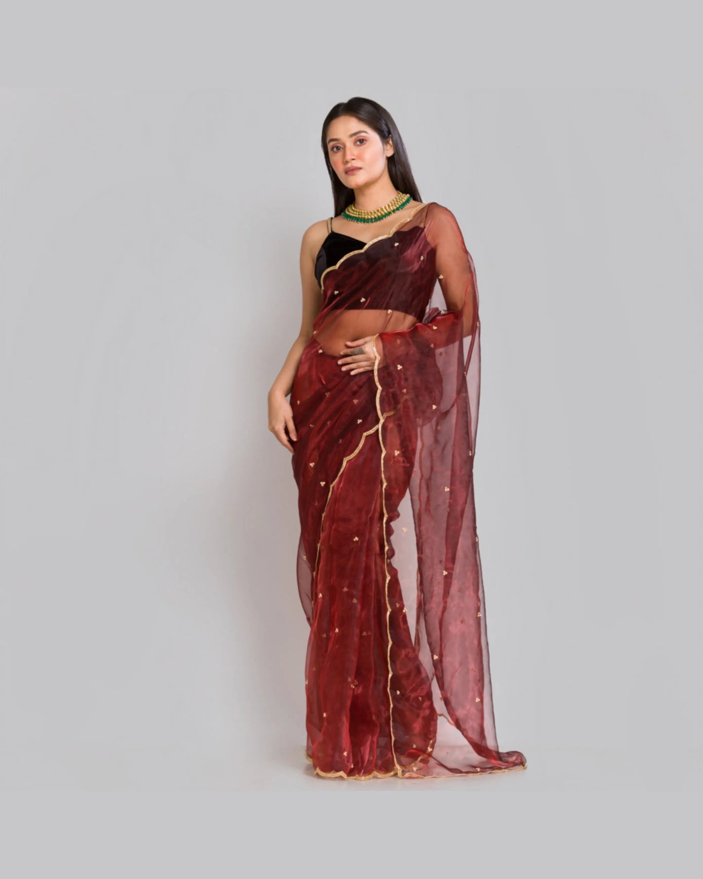 Maroon glass tissue saree with Handembroidered scalloping - kreationbykj