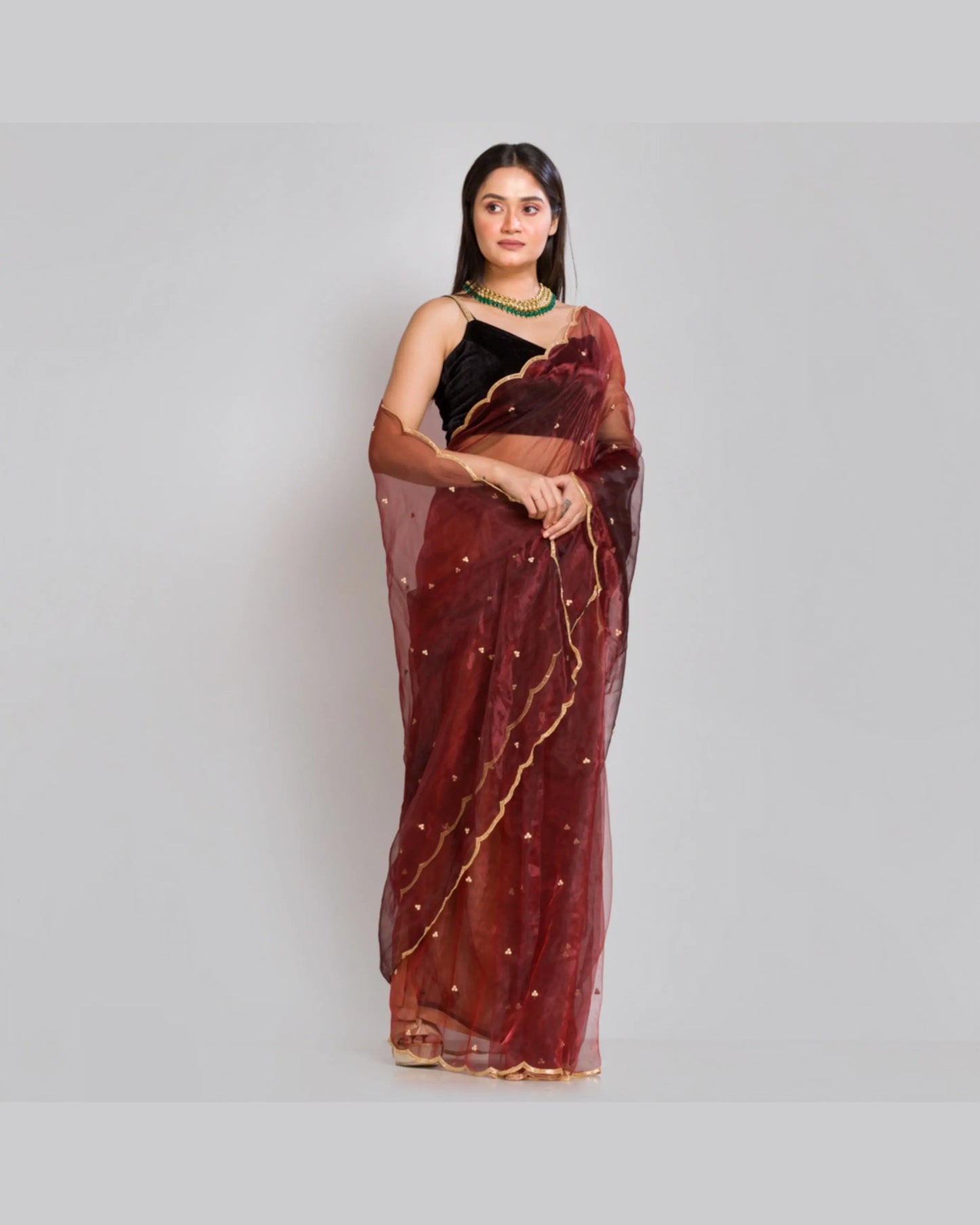 Maroon glass tissue saree with Handembroidered scalloping - kreationbykj