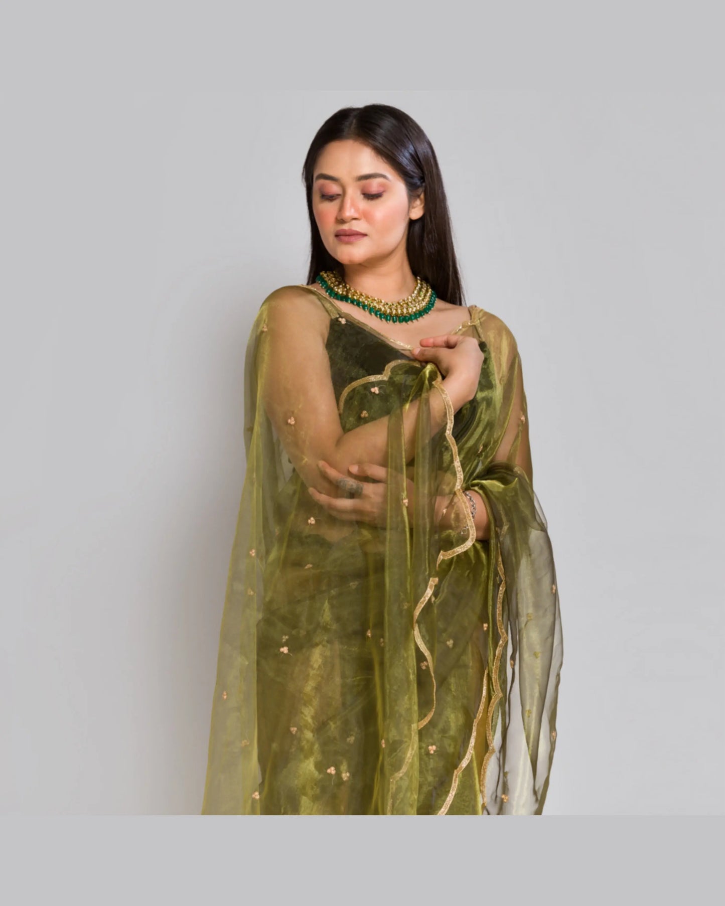 Military Green Glass Tissue Saree with Handembroidered Scalloping - kreationbykj