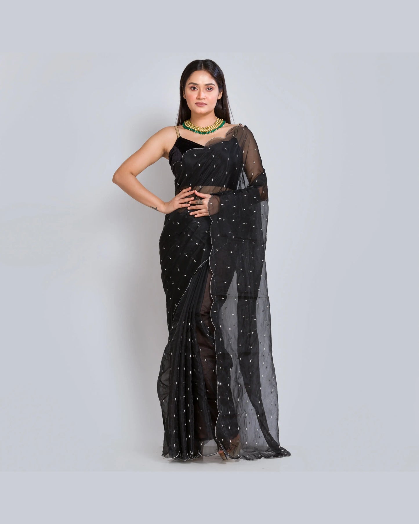 Black Organza Saree with Zardosi Dabka Embroidery - kreationbykj