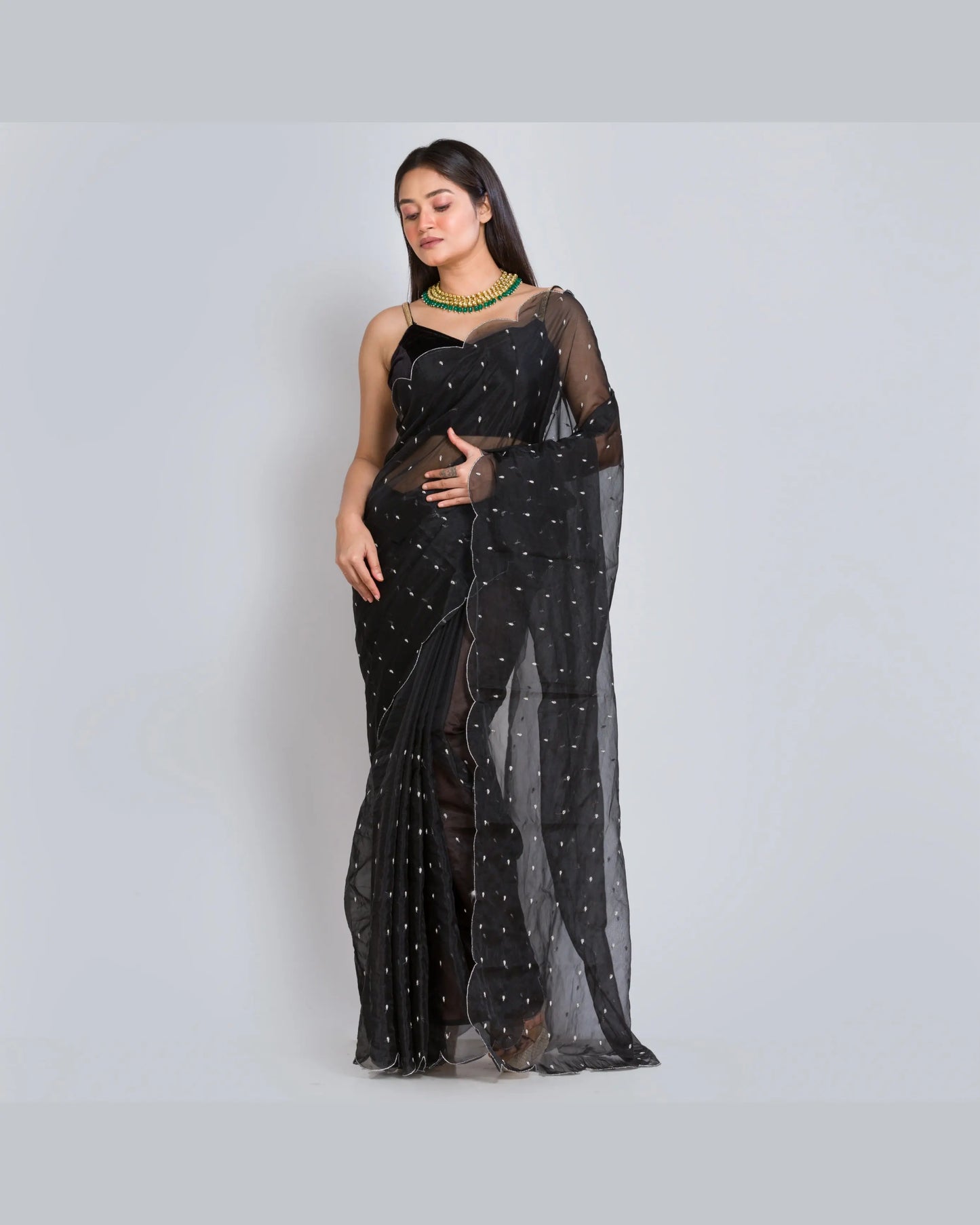 Black Organza Saree with Zardosi Dabka Embroidery - kreationbykj