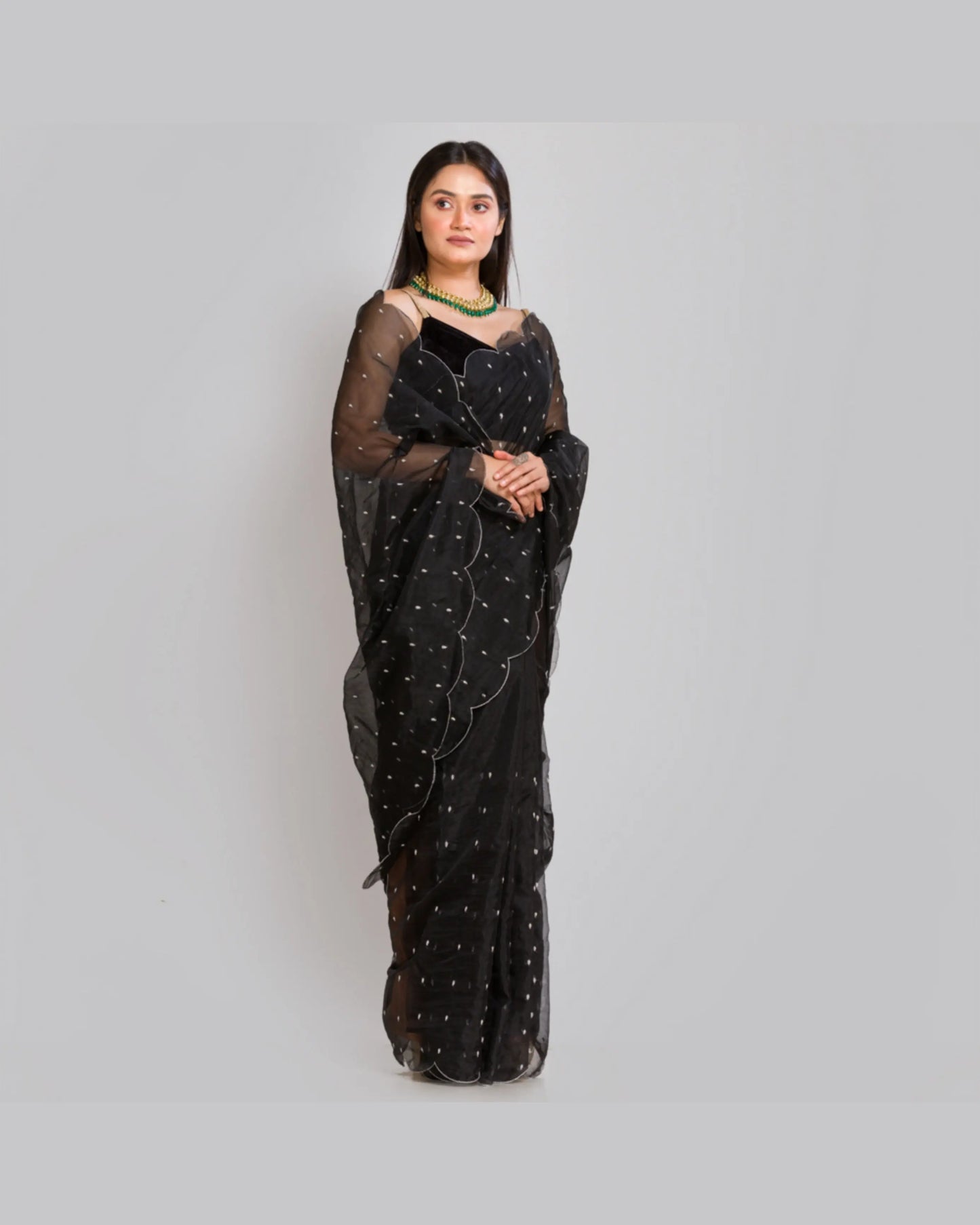 Black Organza Saree with Zardosi Dabka Embroidery - kreationbykj