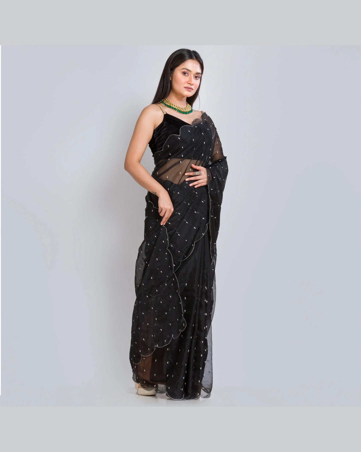 Black Organza Saree with Zardosi Dabka Embroidery - kreationbykj