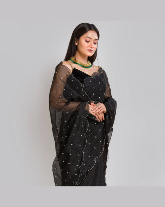 Black Organza Saree with Zardosi Dabka Embroidery - kreationbykj