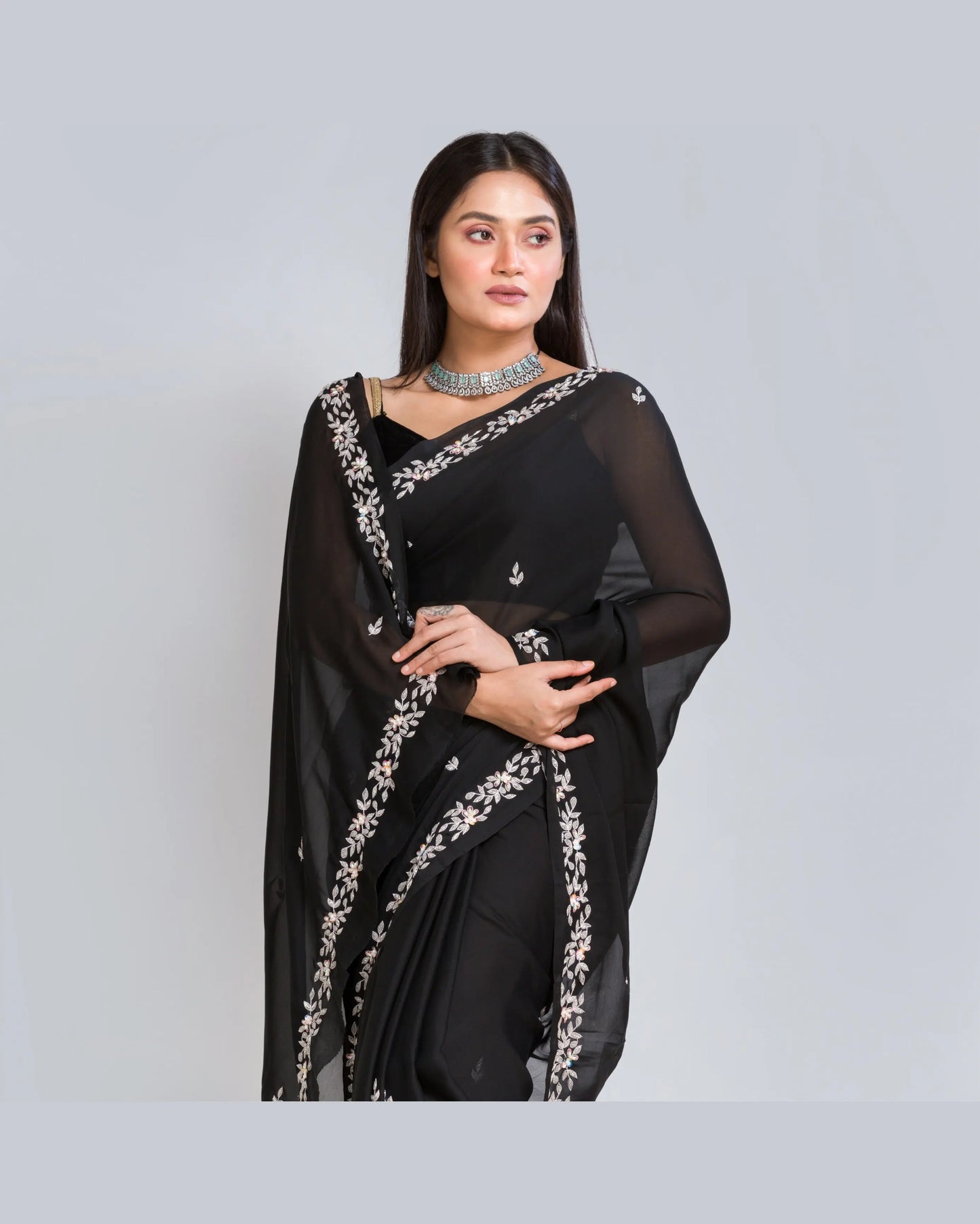 Black Georgette Chandani Saree - kreationbykj