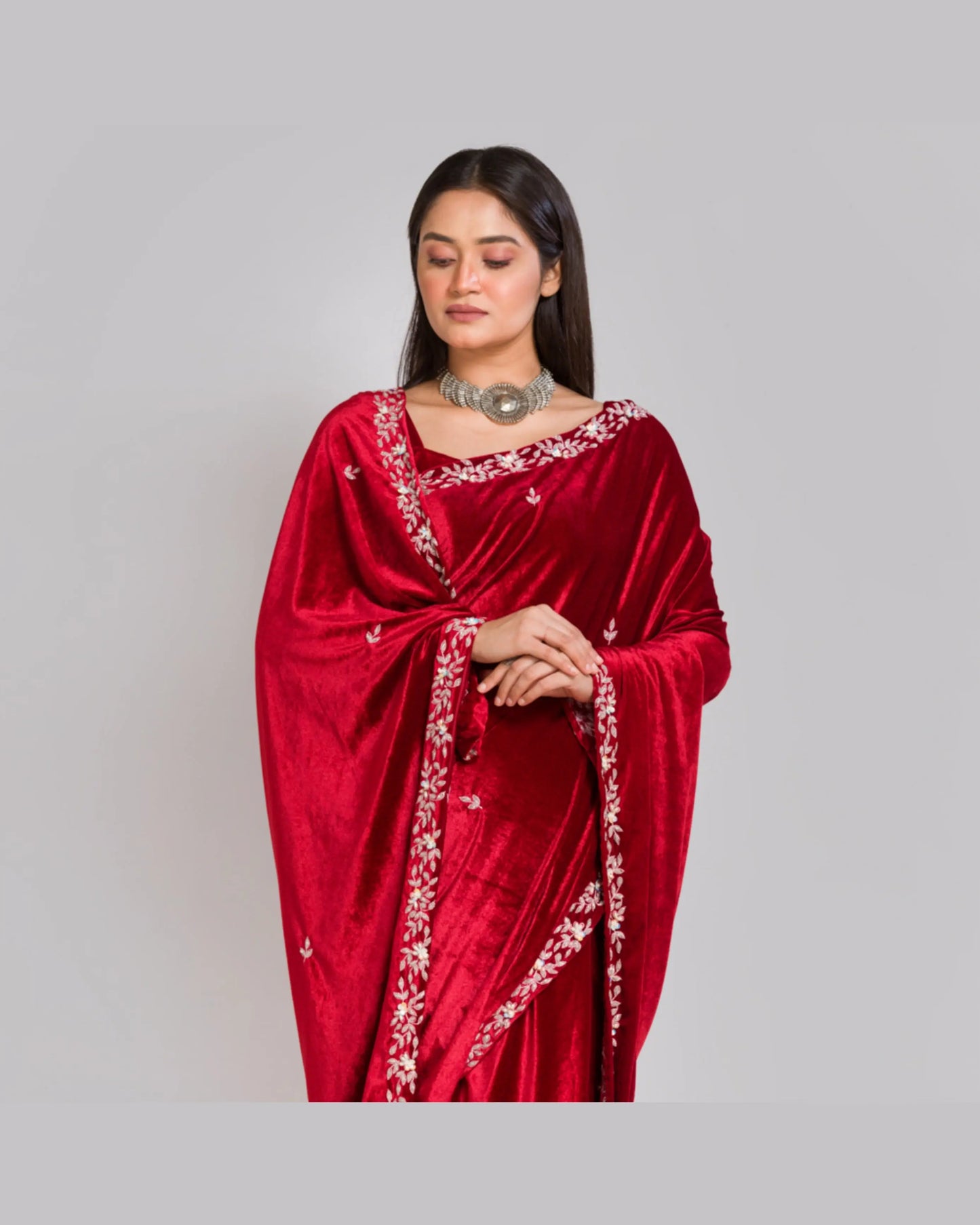 Maroon Velvet Chandani Saree - kreationbykj
