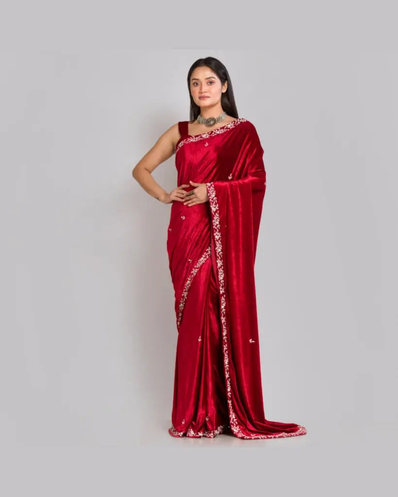Maroon Velvet Chandani Saree - kreationbykj