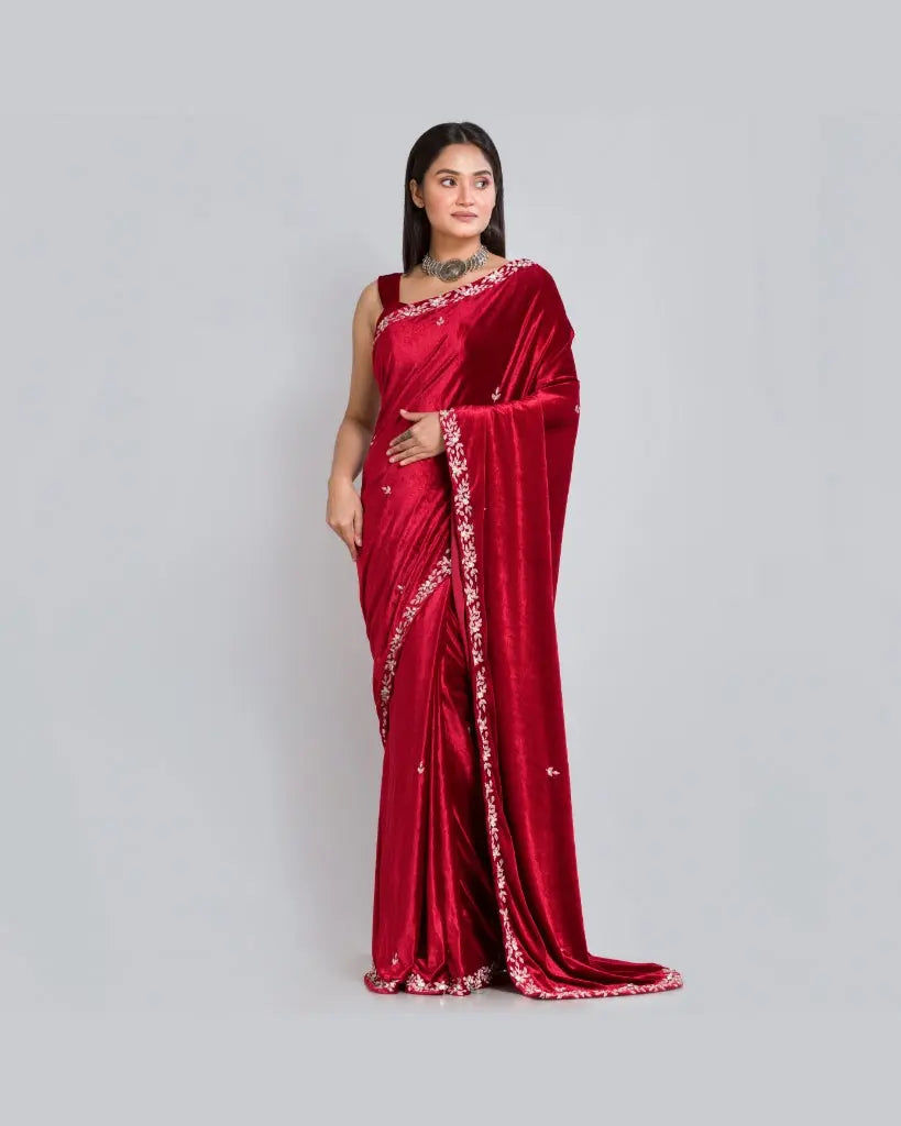 Maroon Velvet Chandani Saree - kreationbykj