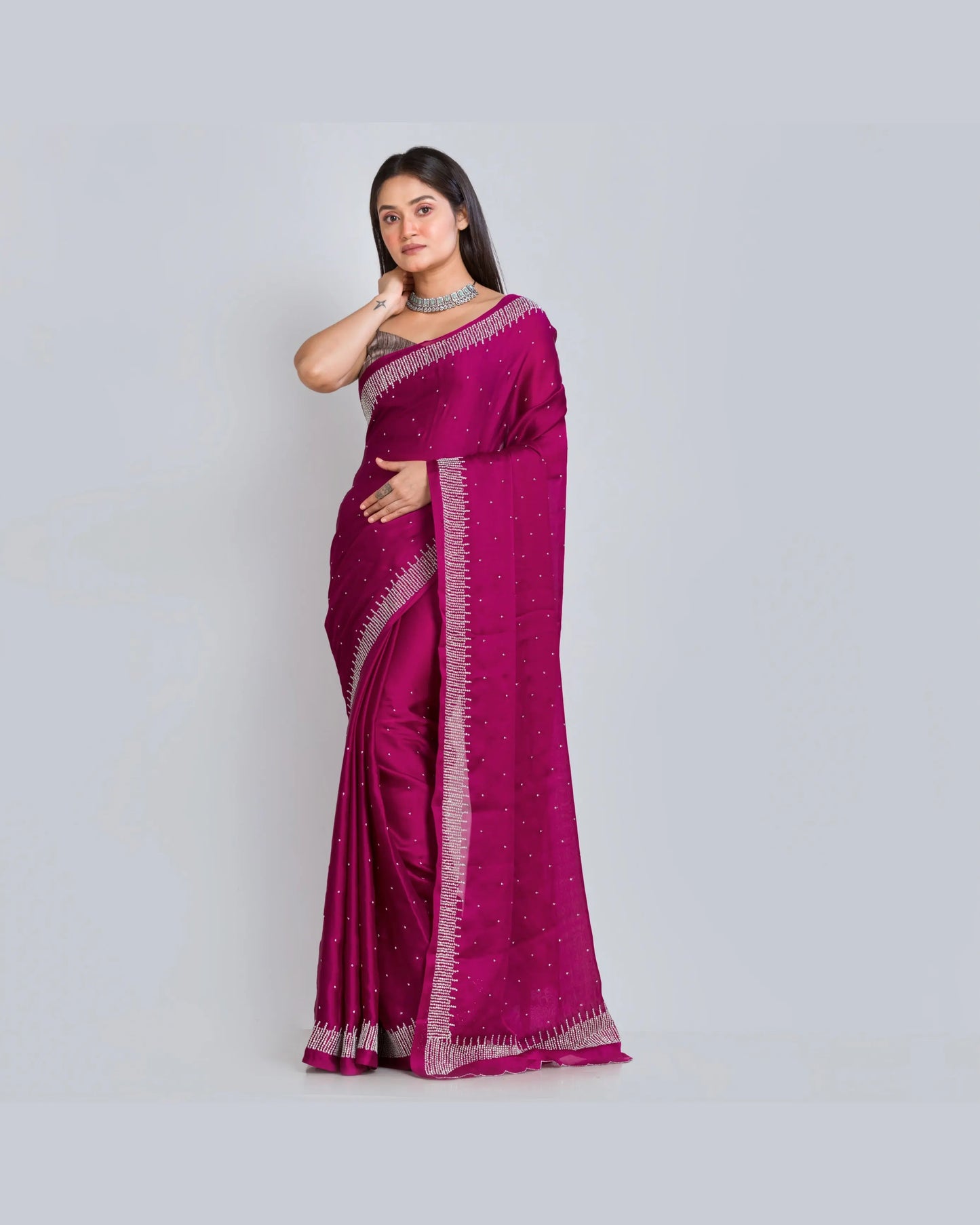 Wine Crepe Silk Sitara Saree - kreationbykj