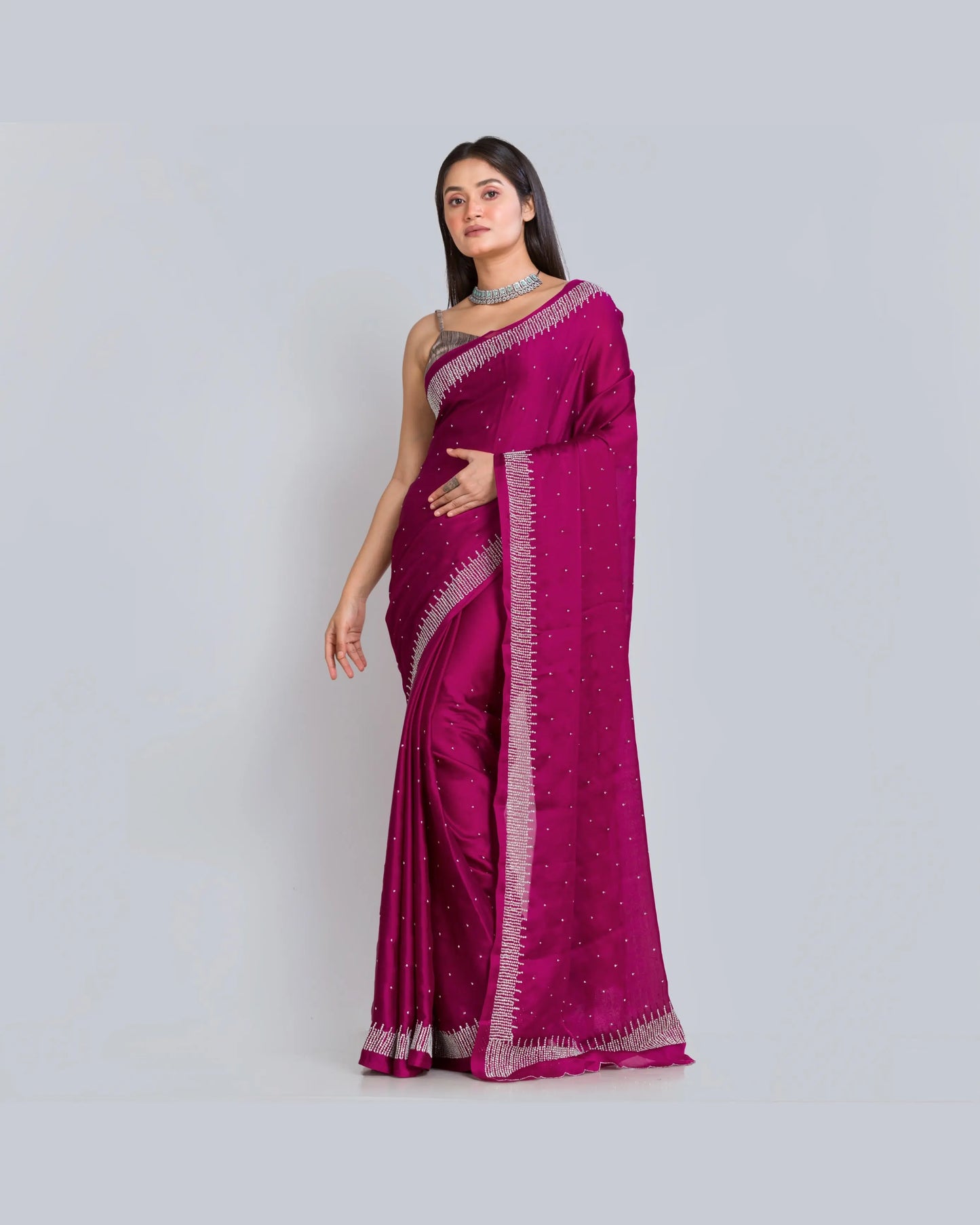 Wine Crepe Silk Sitara Saree - kreationbykj