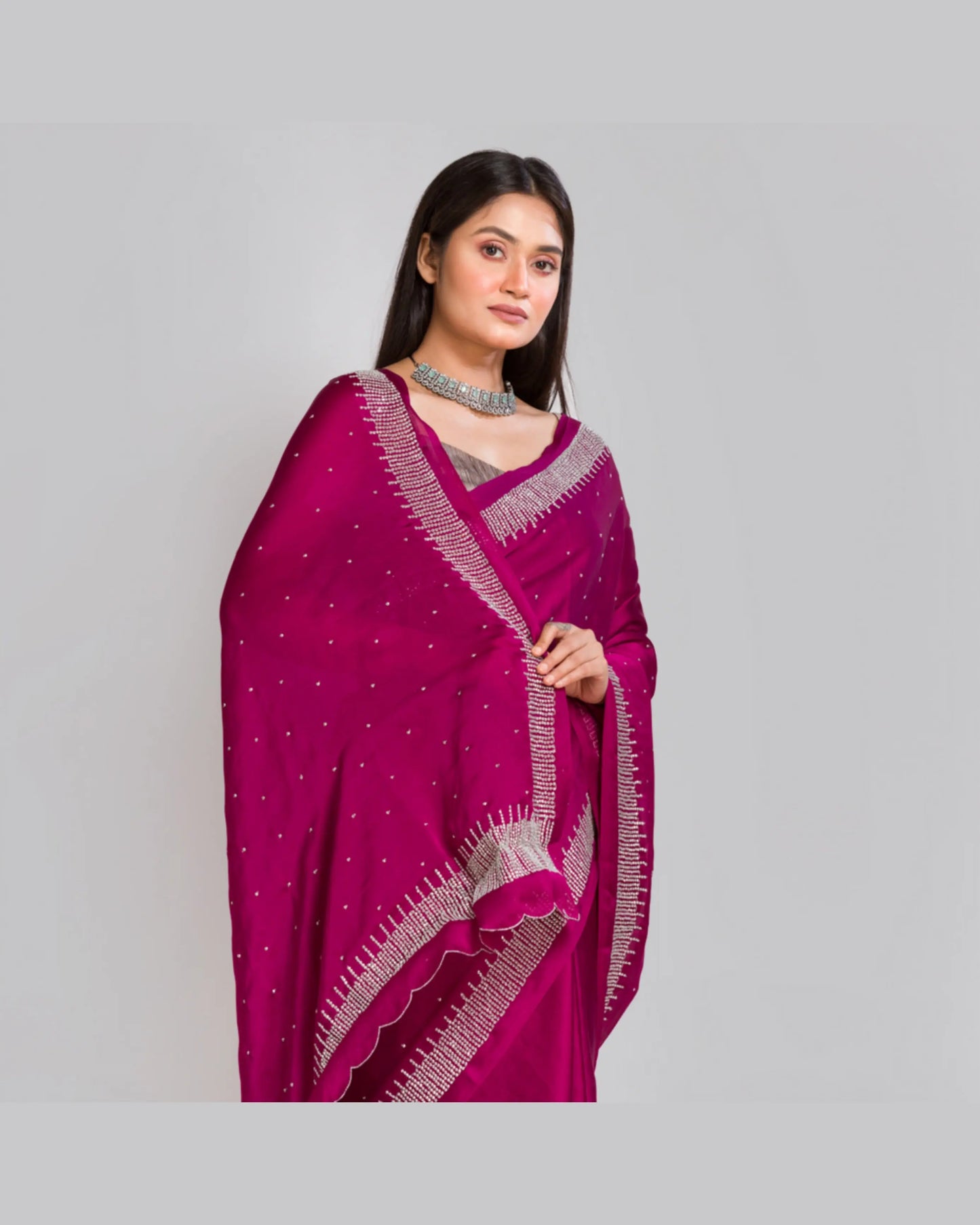 Wine Crepe Silk Sitara Saree - kreationbykj