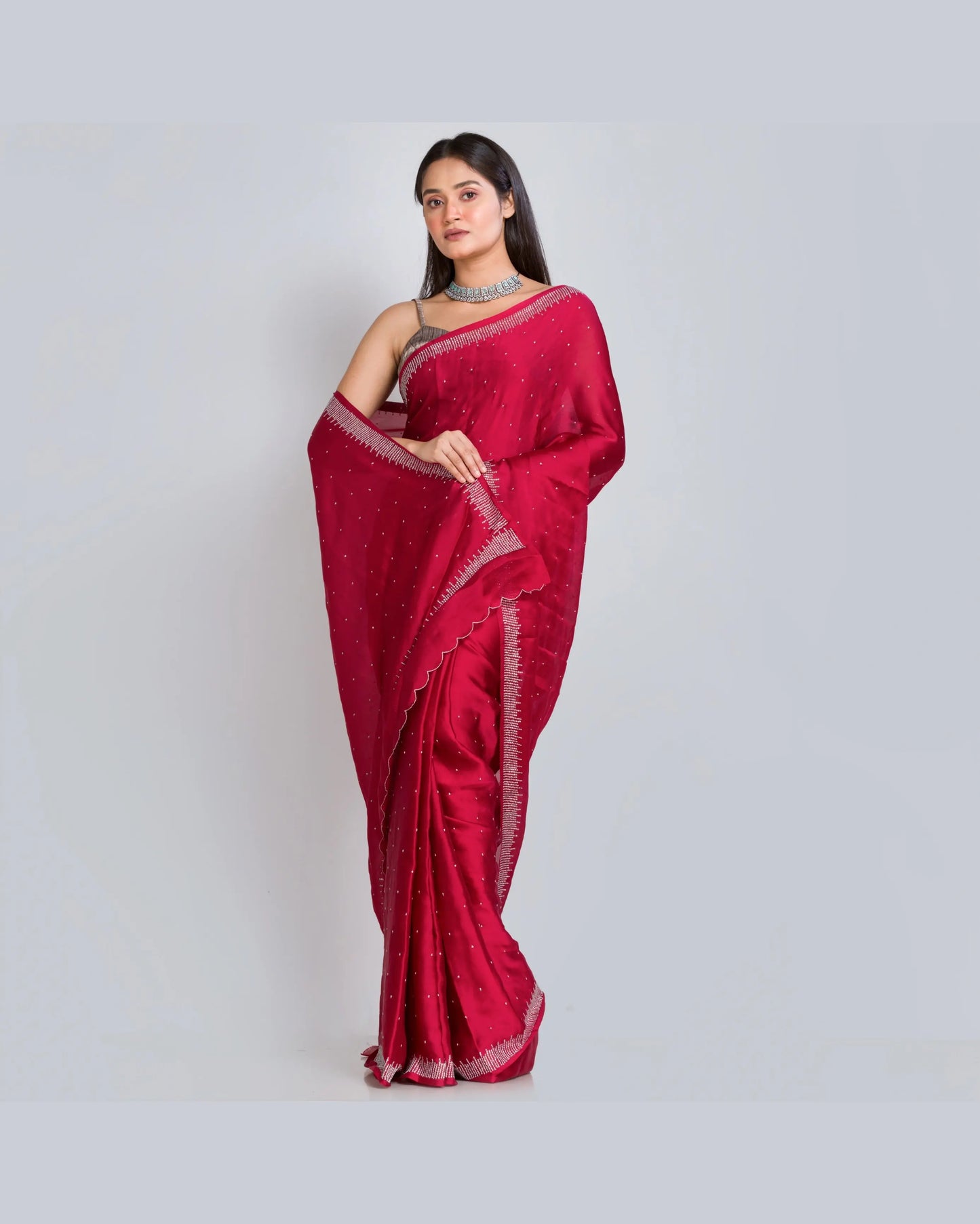 Maroon Crepe Silk Sitara Saree - kreationbykj