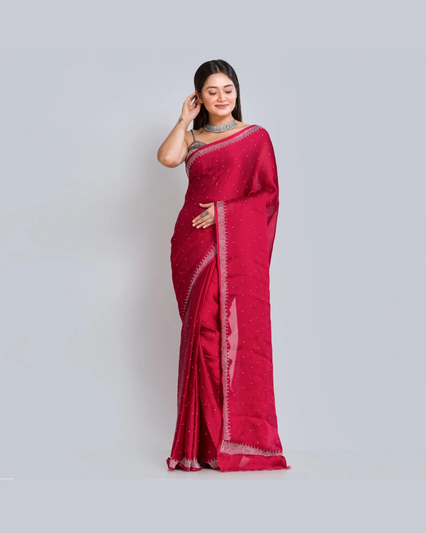 Maroon Crepe Silk Sitara Saree - kreationbykj