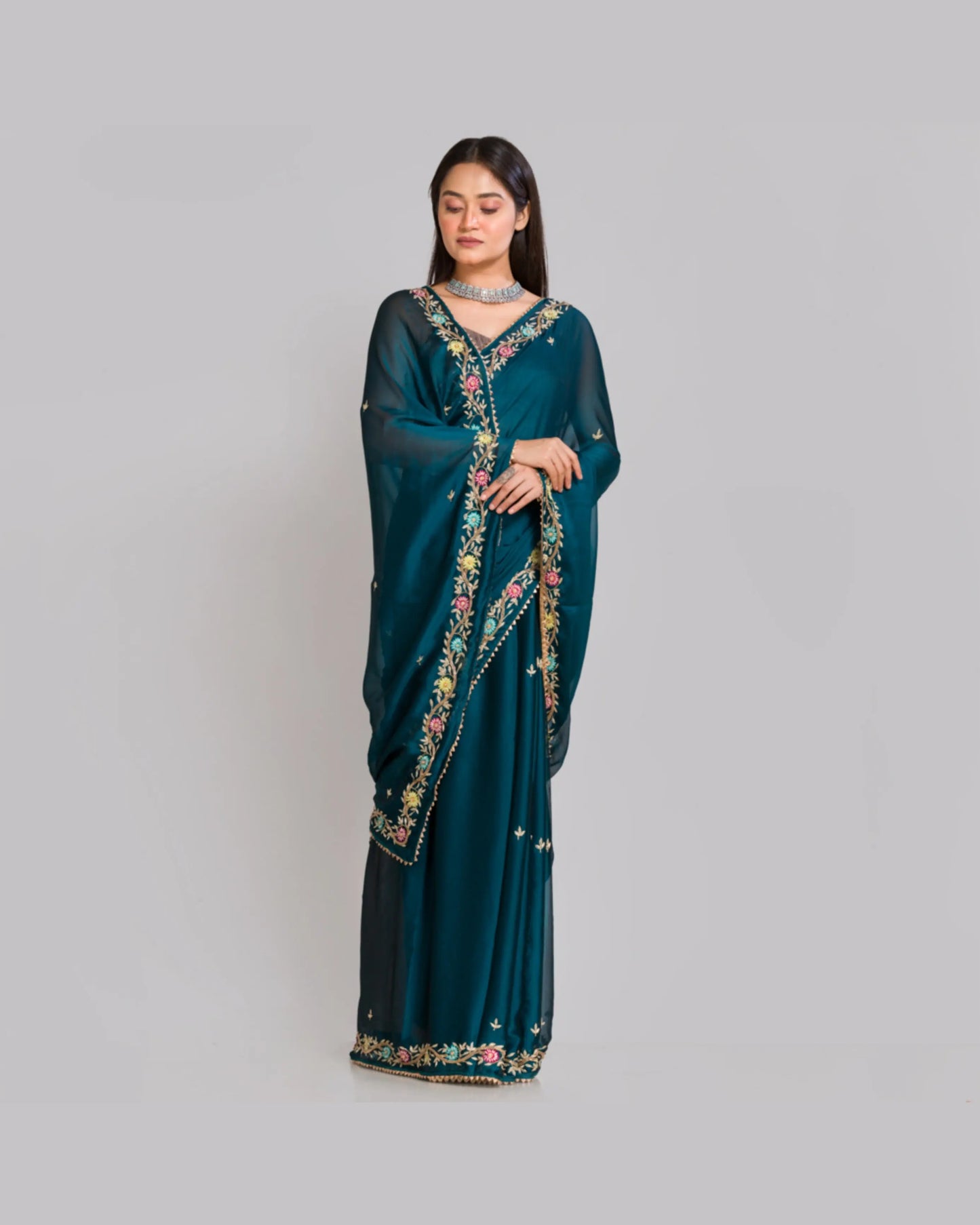 Cobalt Blue Georgette Silk Zardosi Minakari Saree - kreationbykj