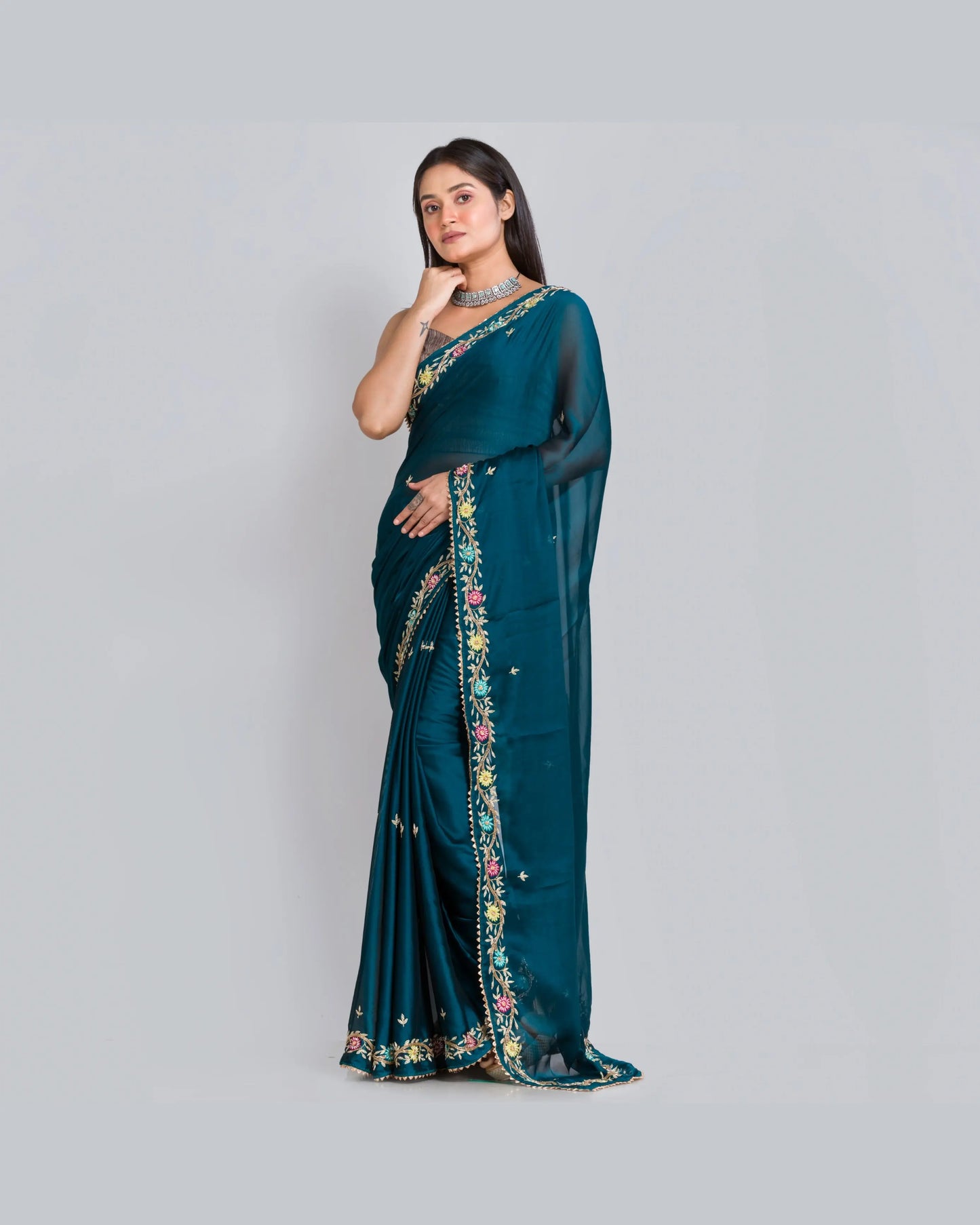 Cobalt Blue Georgette Silk Zardosi Minakari Saree - kreationbykj