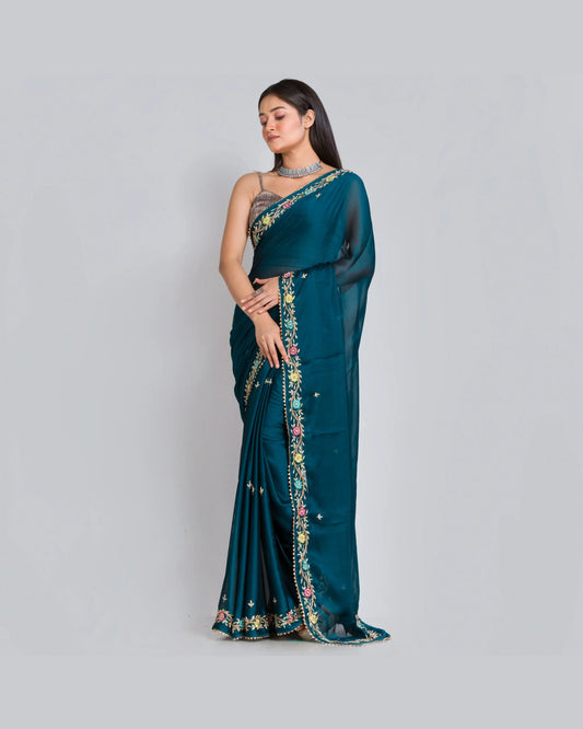 Cobalt Blue Georgette Silk Zardosi Minakari Saree - kreationbykj