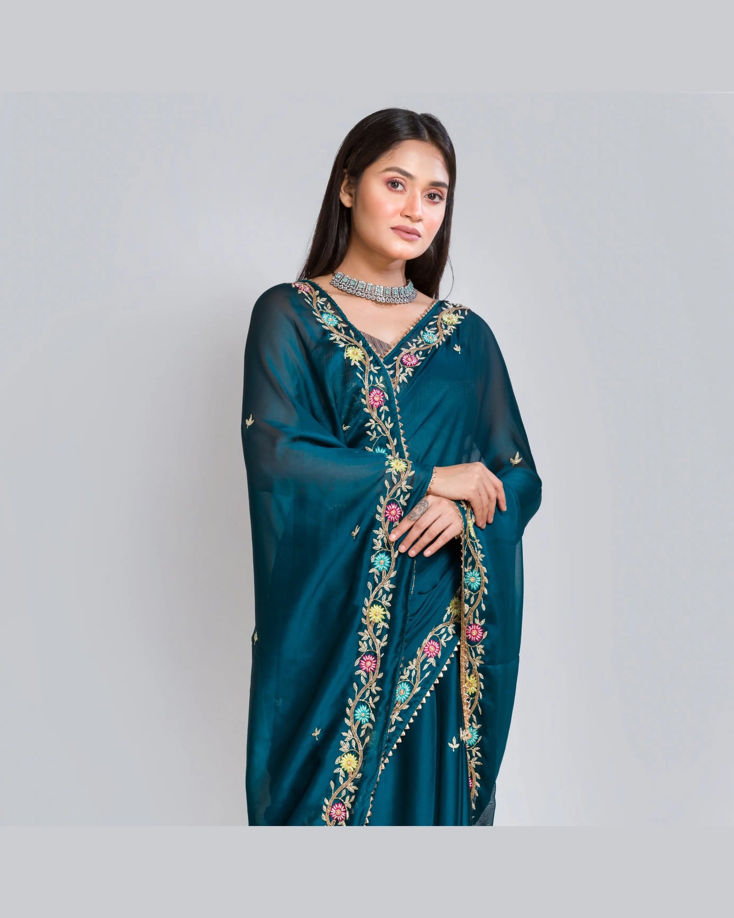 Cobalt Blue Georgette Silk Zardosi Minakari Saree - kreationbykj