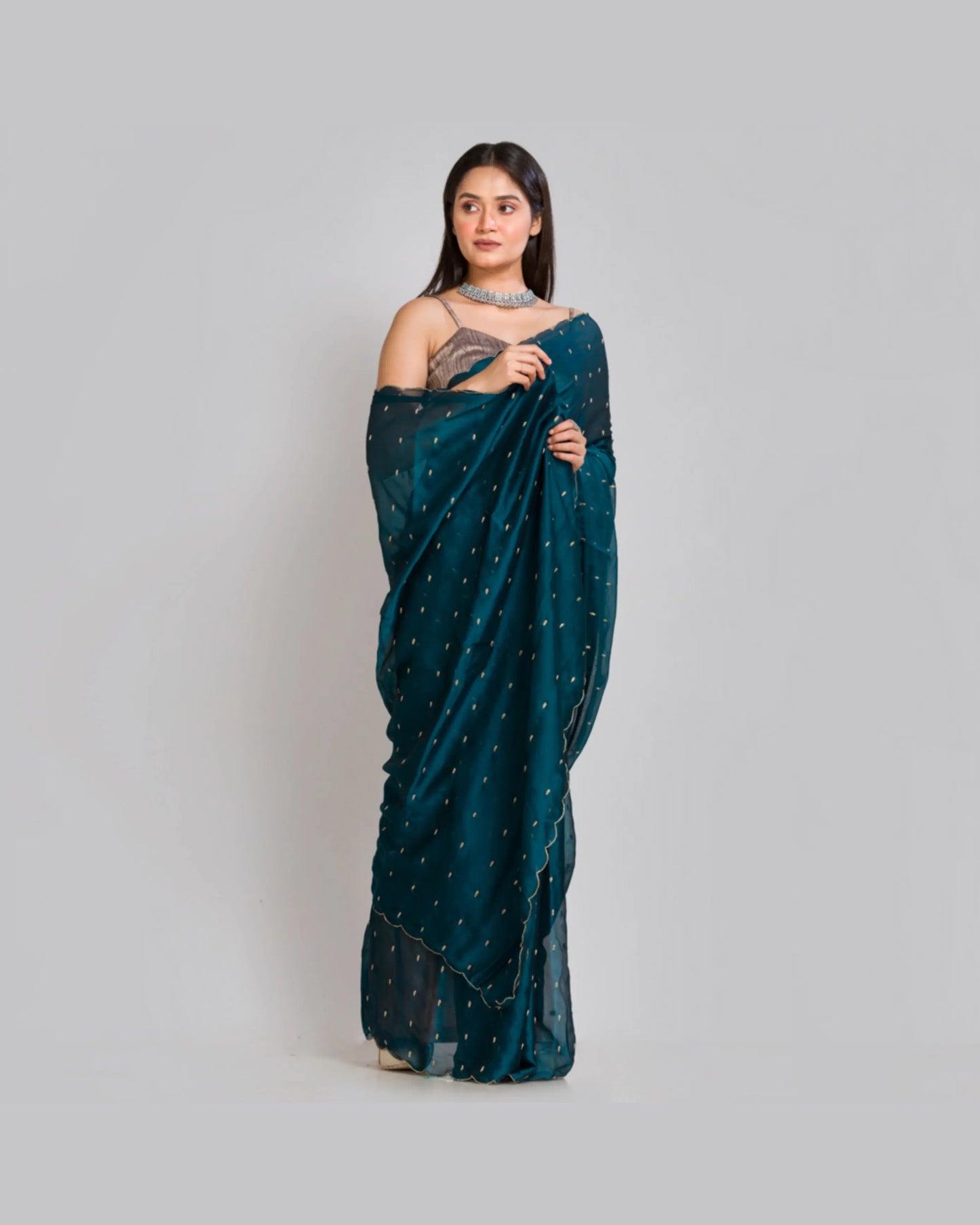 Peacock Blue Georgette Silk Saree With Zardosi Dabka Motifs - kreationbykj