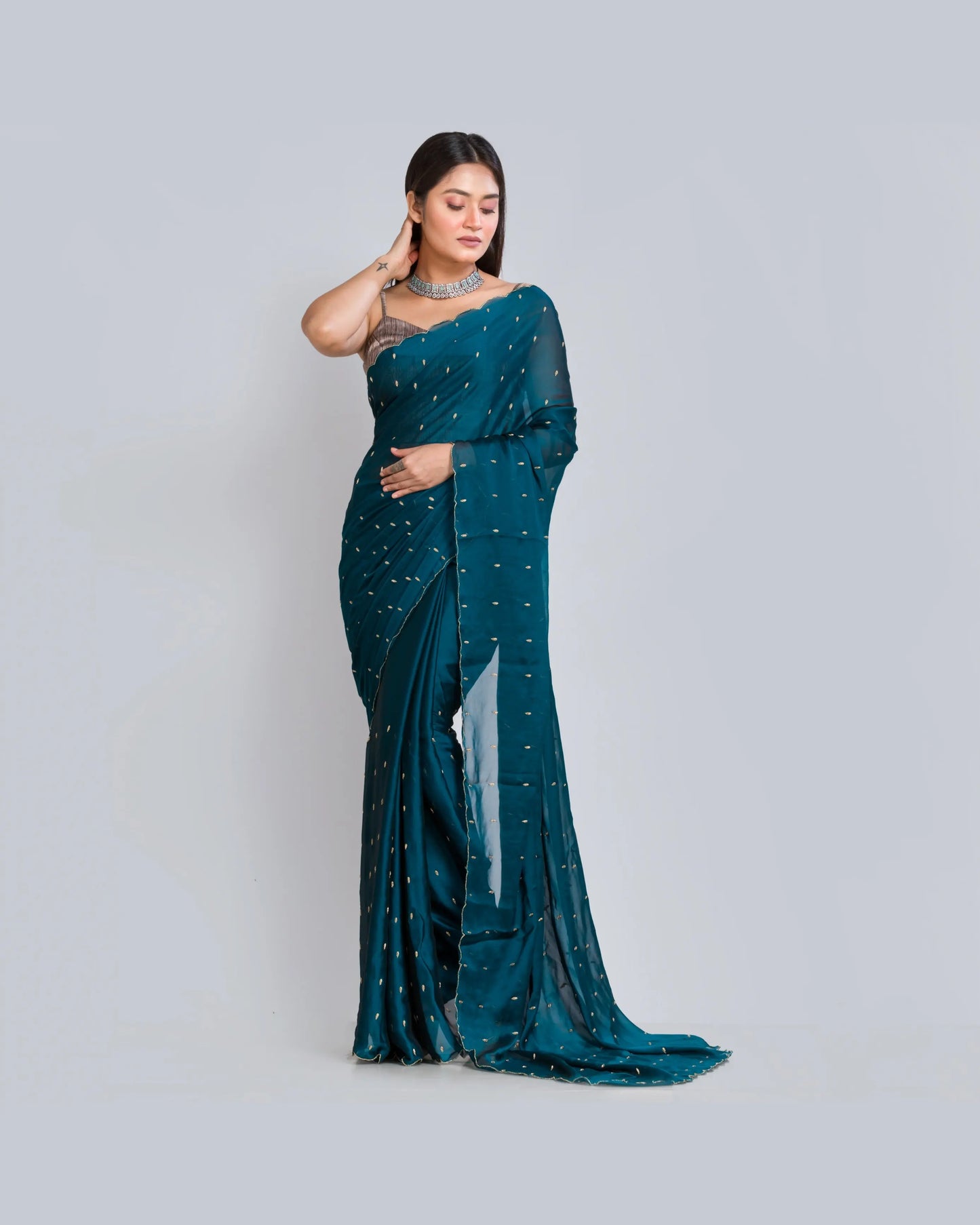 Peacock Blue Georgette Silk Saree With Zardosi Dabka Motifs - kreationbykj
