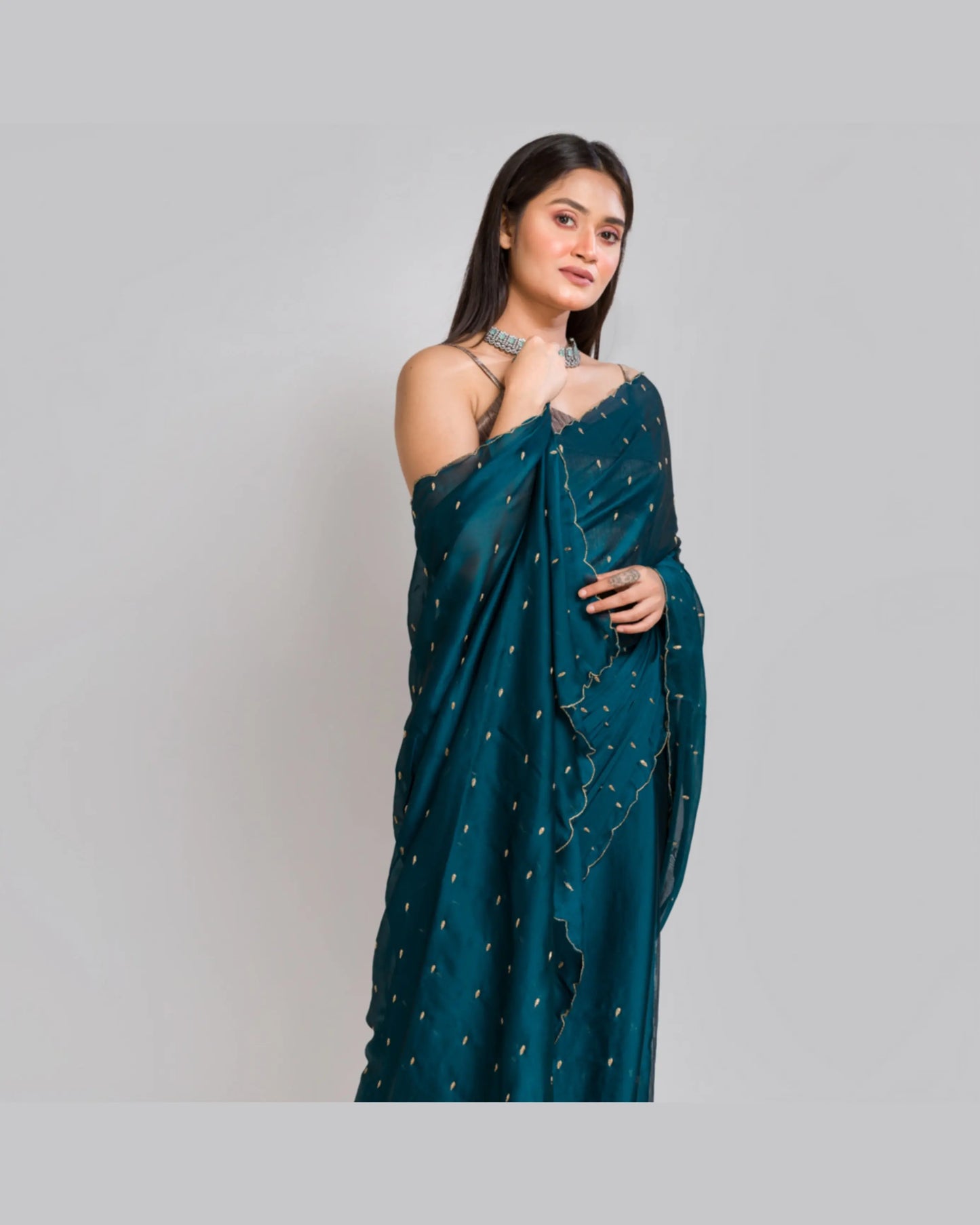 Peacock Blue Georgette Silk Saree With Zardosi Dabka Motifs - kreationbykj