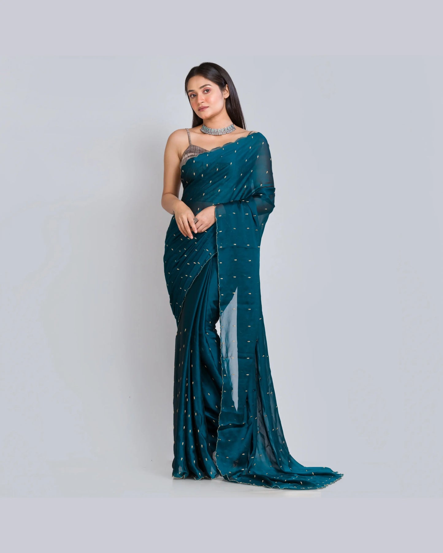 Peacock Blue Georgette Silk Saree With Zardosi Dabka Motifs - kreationbykj