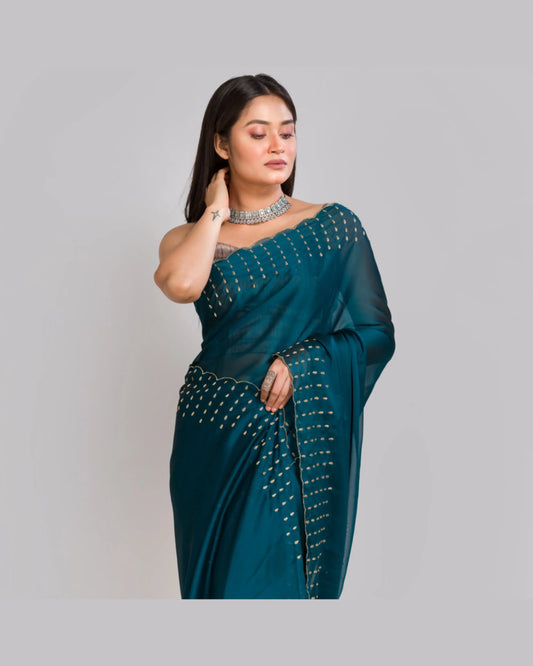Teal Blue Georgette Silk Saree With Handembroidered Dabka Motifs On Border - kreationbykj