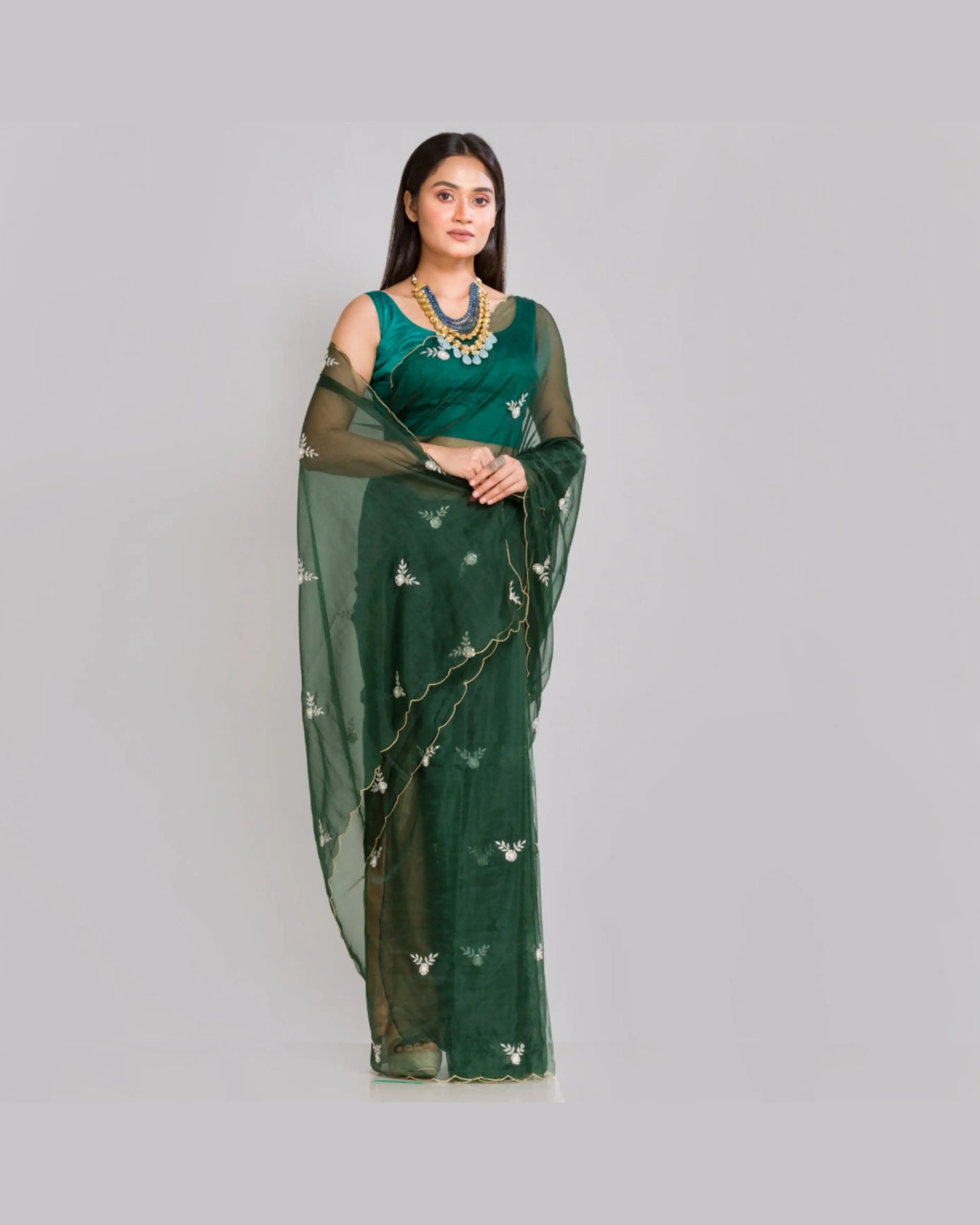 Dark Green Organza Silk Saree With 86 Bootas - kreationbykj