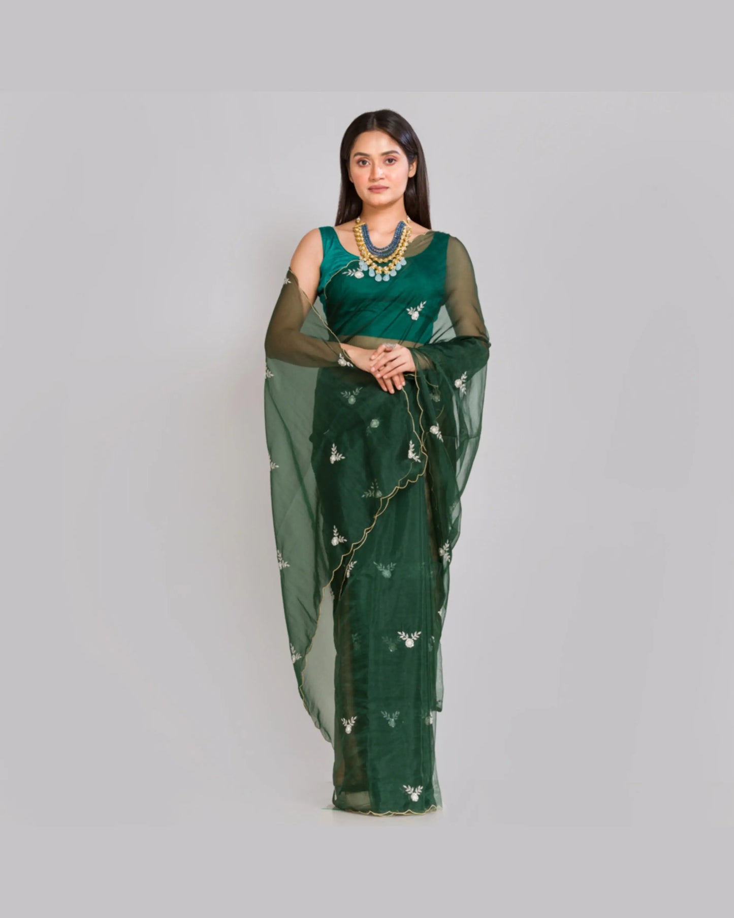 Dark Green Organza Silk Saree With 86 Bootas - kreationbykj
