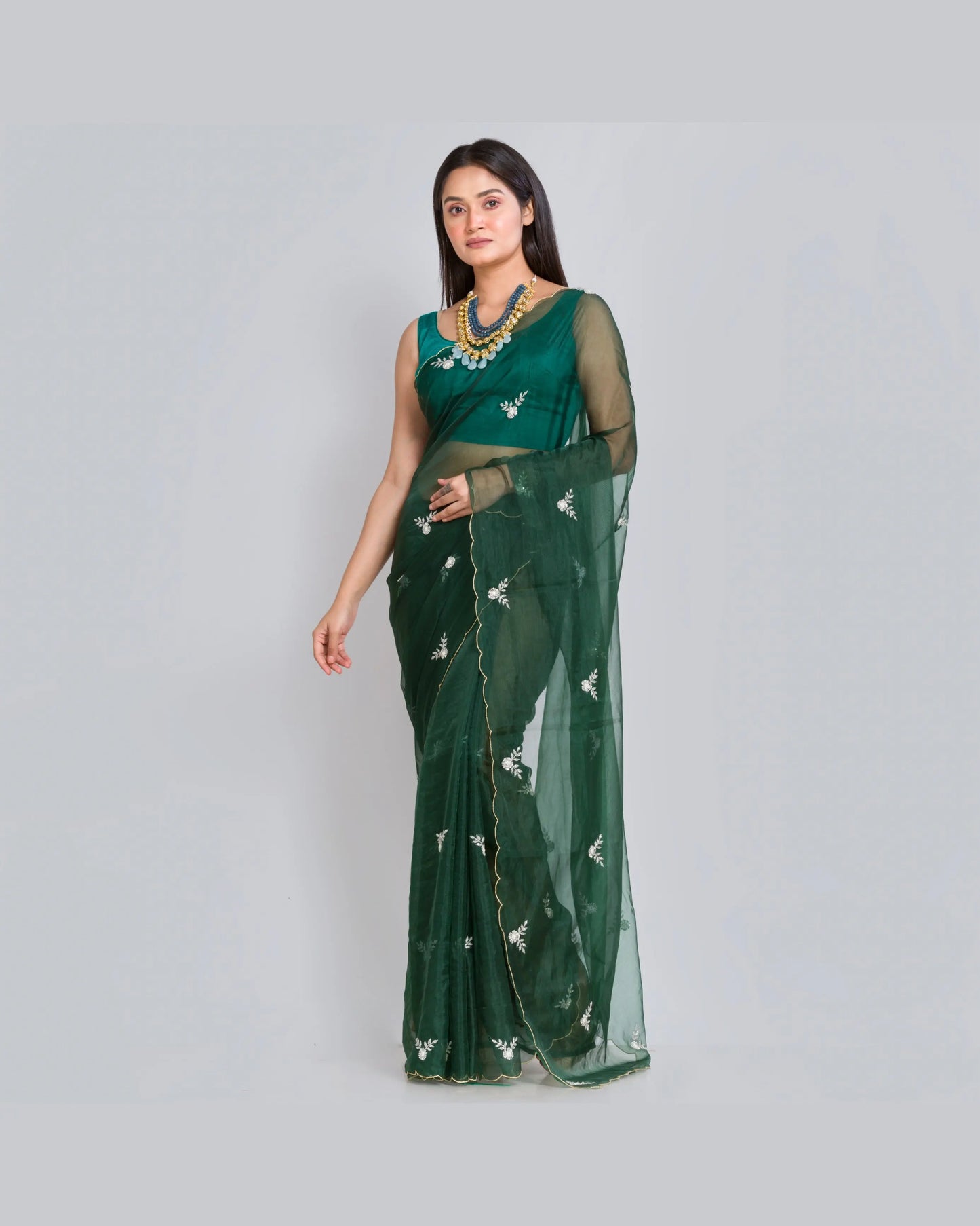 Dark Green Organza Silk Saree With 86 Bootas - kreationbykj