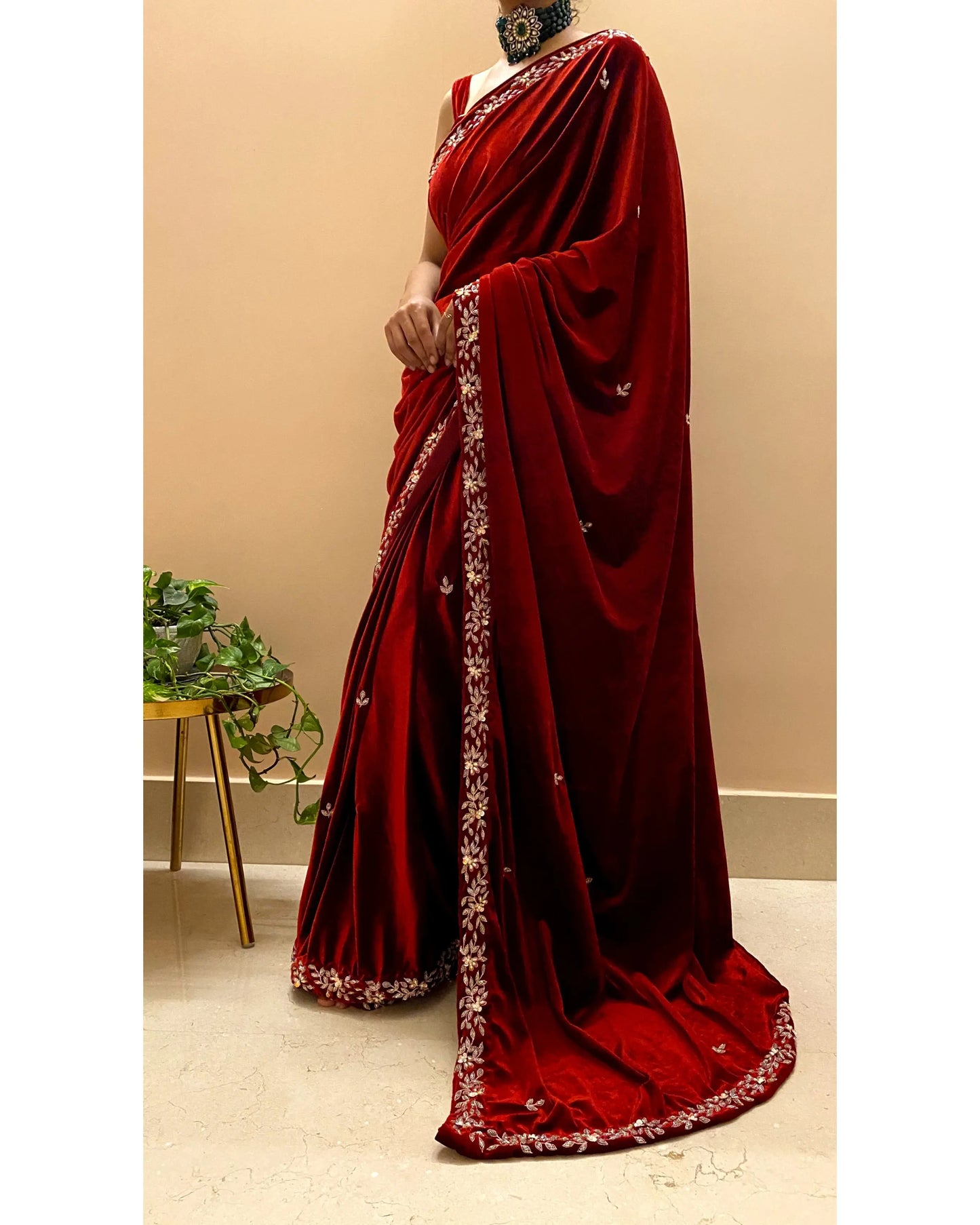 Maroon Velvet Chandani Saree - kreationbykj