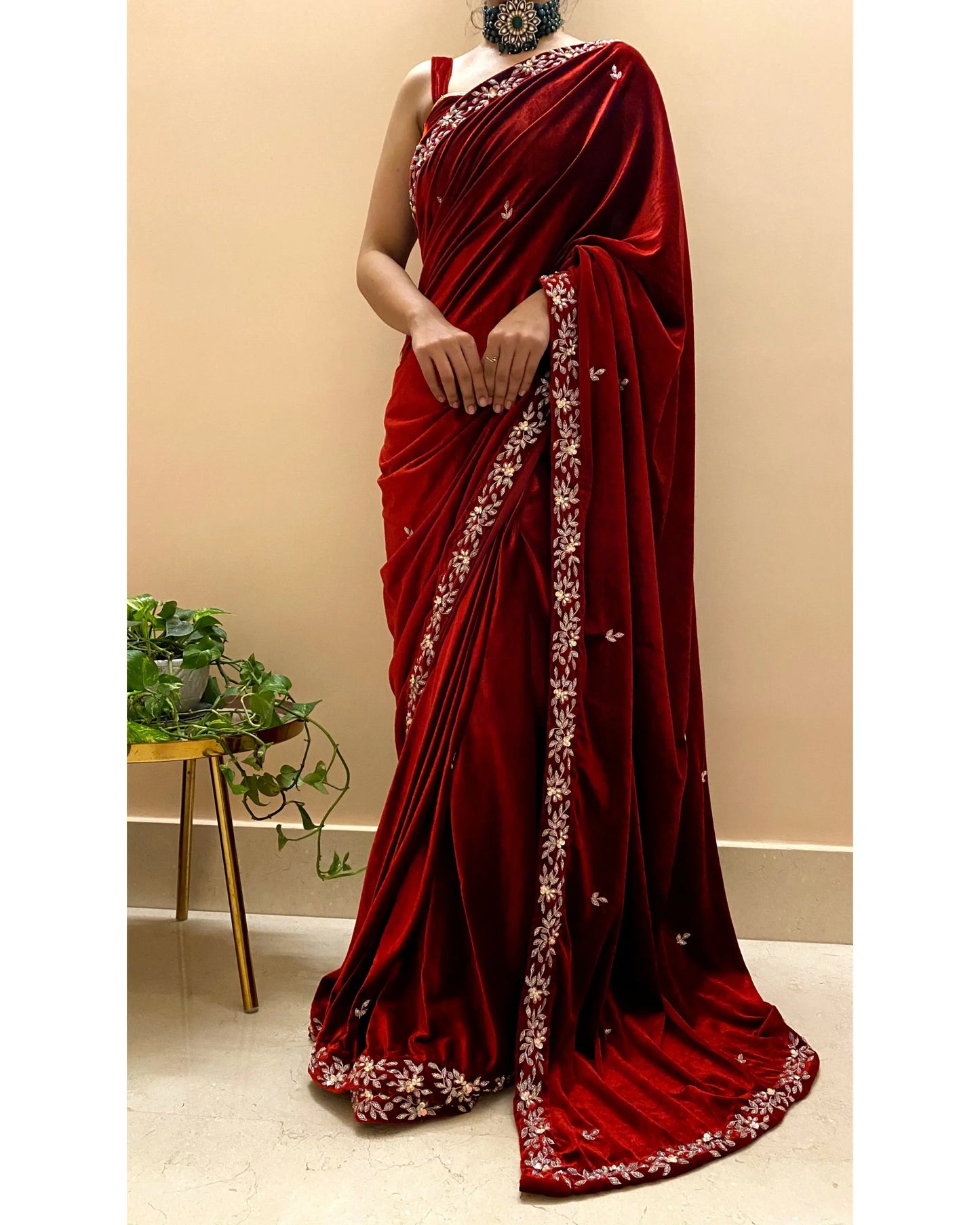 Maroon Velvet Chandani Saree - kreationbykj