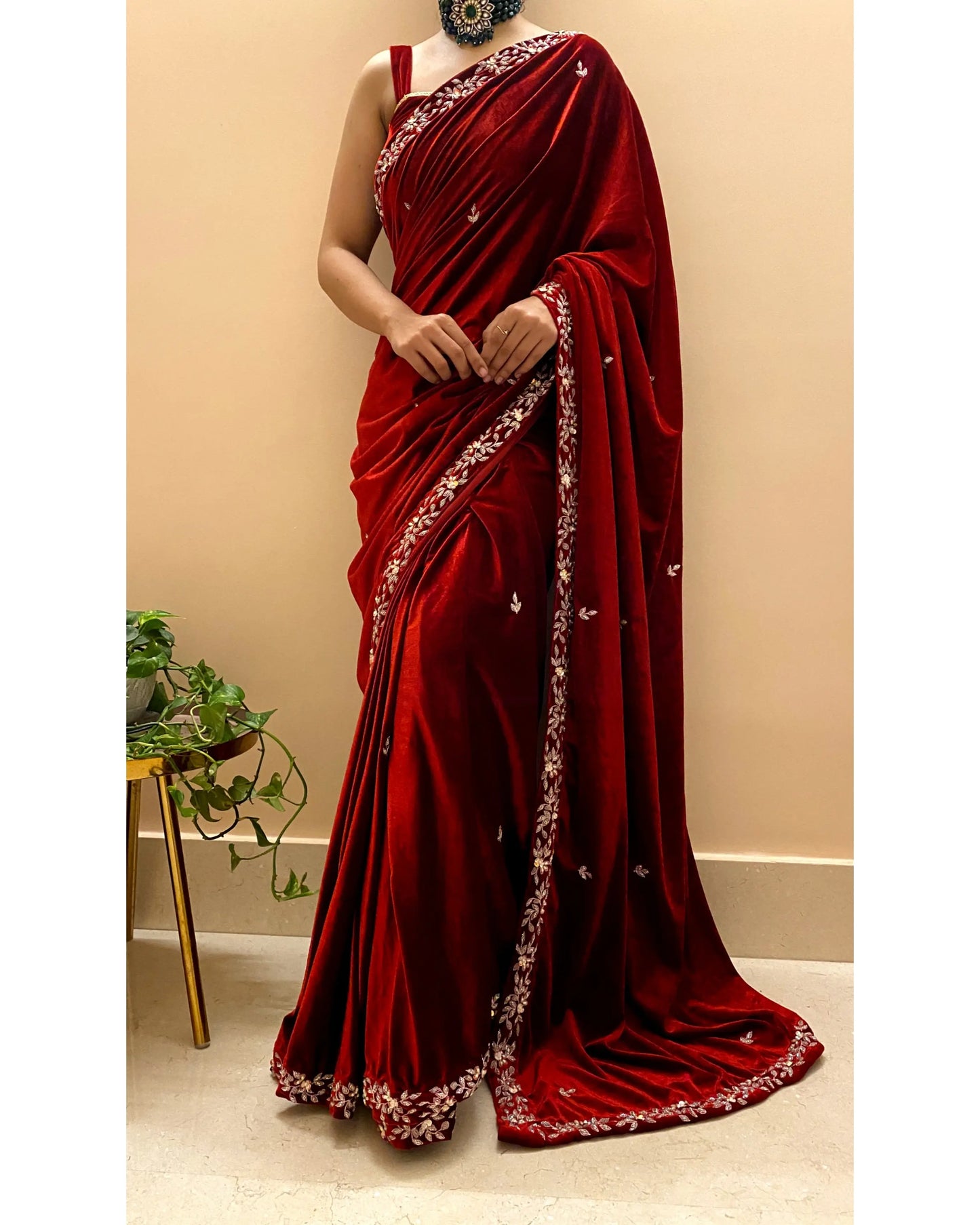 Maroon Velvet Chandani Saree - kreationbykj