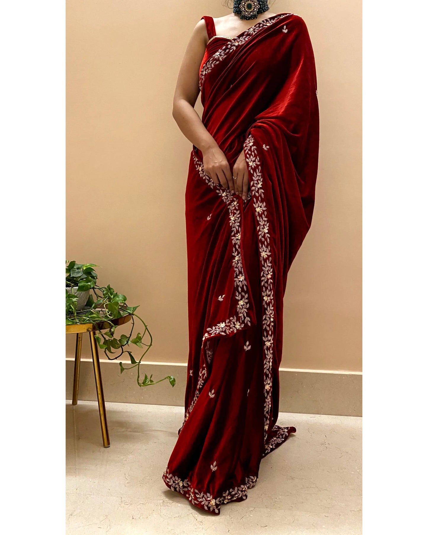 Maroon Velvet Chandani Saree - kreationbykj