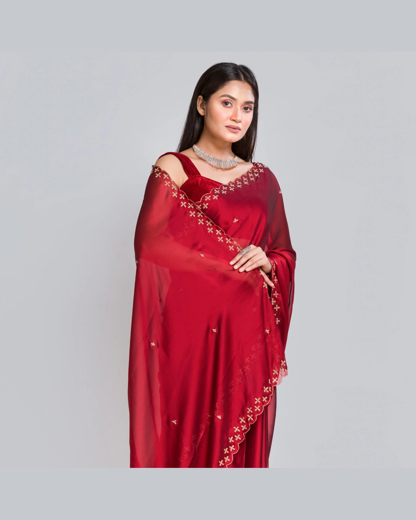 Maroon Georgette Silk Saree With Handembroidered Dabka Motifs On Border - kreationbykj