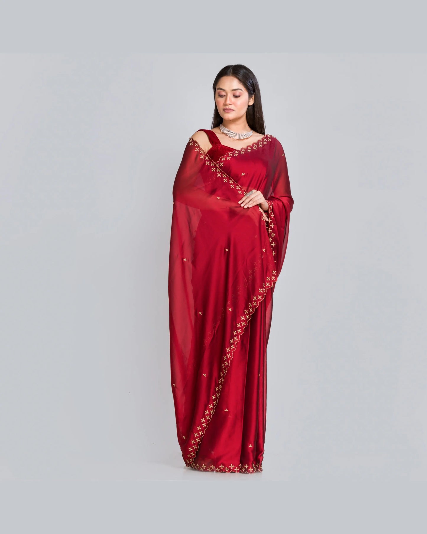 Maroon Georgette Silk Saree With Handembroidered Dabka Motifs On Border - kreationbykj