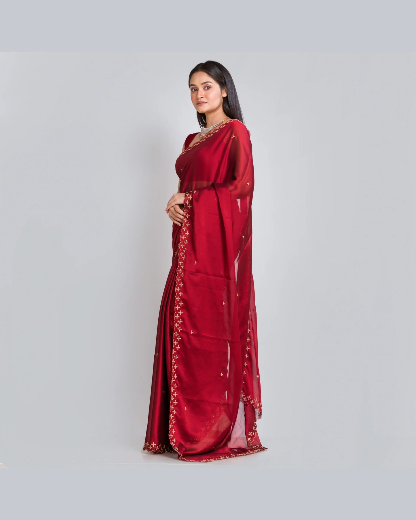 Maroon Georgette Silk Saree With Handembroidered Dabka Motifs On Border - kreationbykj