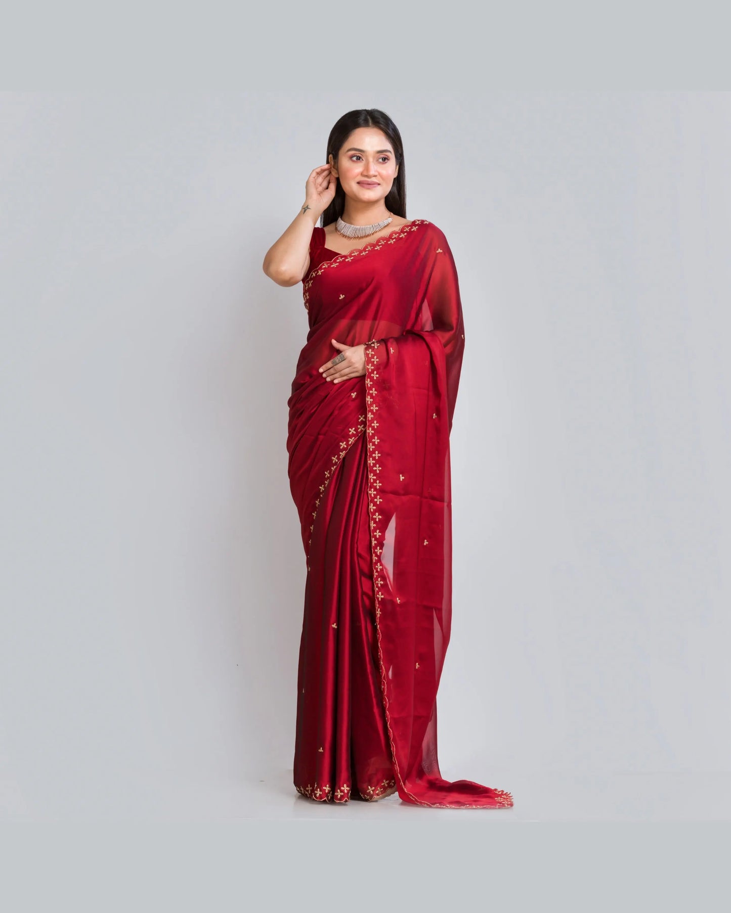 Maroon Georgette Silk Saree With Handembroidered Dabka Motifs On Border - kreationbykj